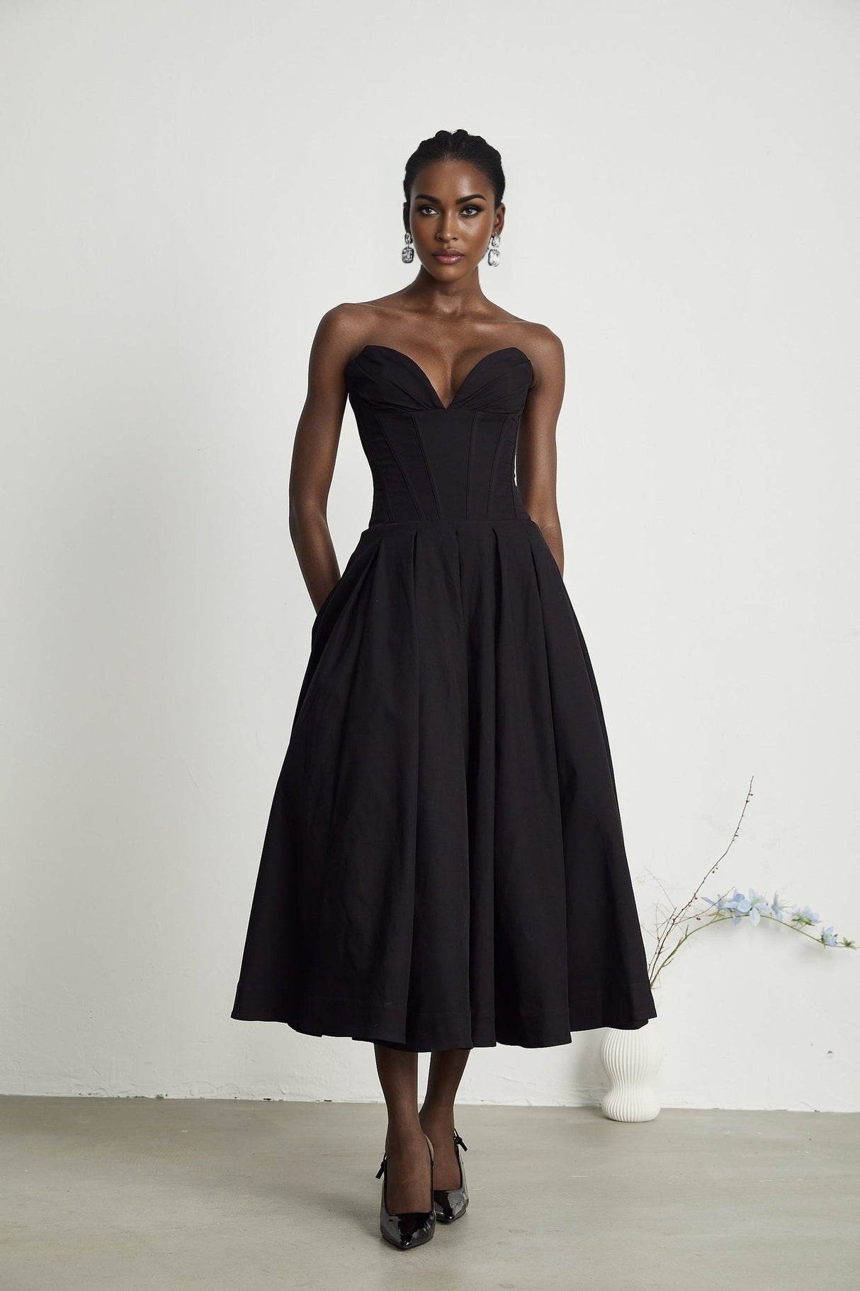 Freya Midi Dress - V - neck - Off - the - shoulder - Corset - style - Pleated Detailing