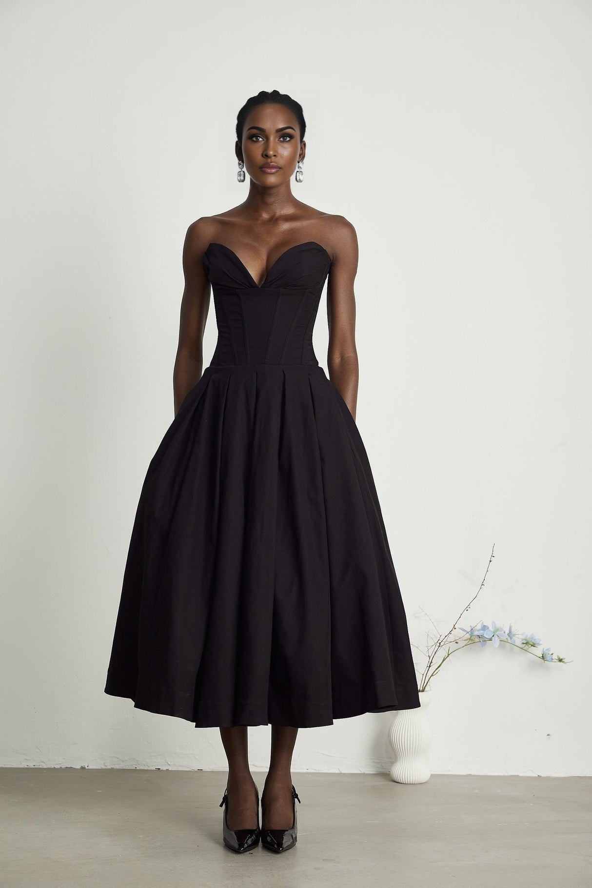 Freya Midi Dress - V - neck - Off - the - shoulder - Corset - style - Pleated Detailing