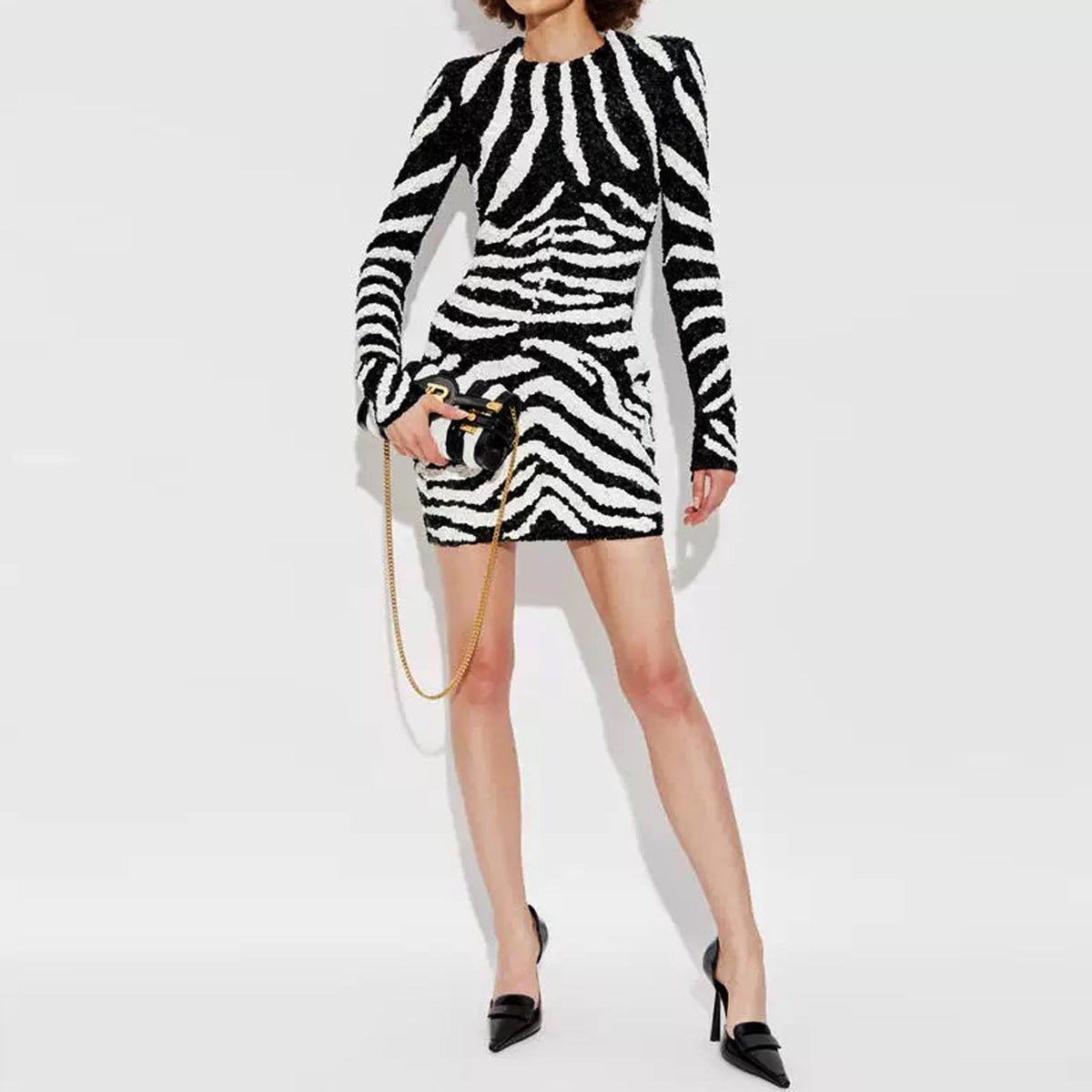 Freya Mini Dress - Bodycon Silhouette - Zebra Stripe Pattern - Long Sleeves - High Neckline - Bold Statement Piece