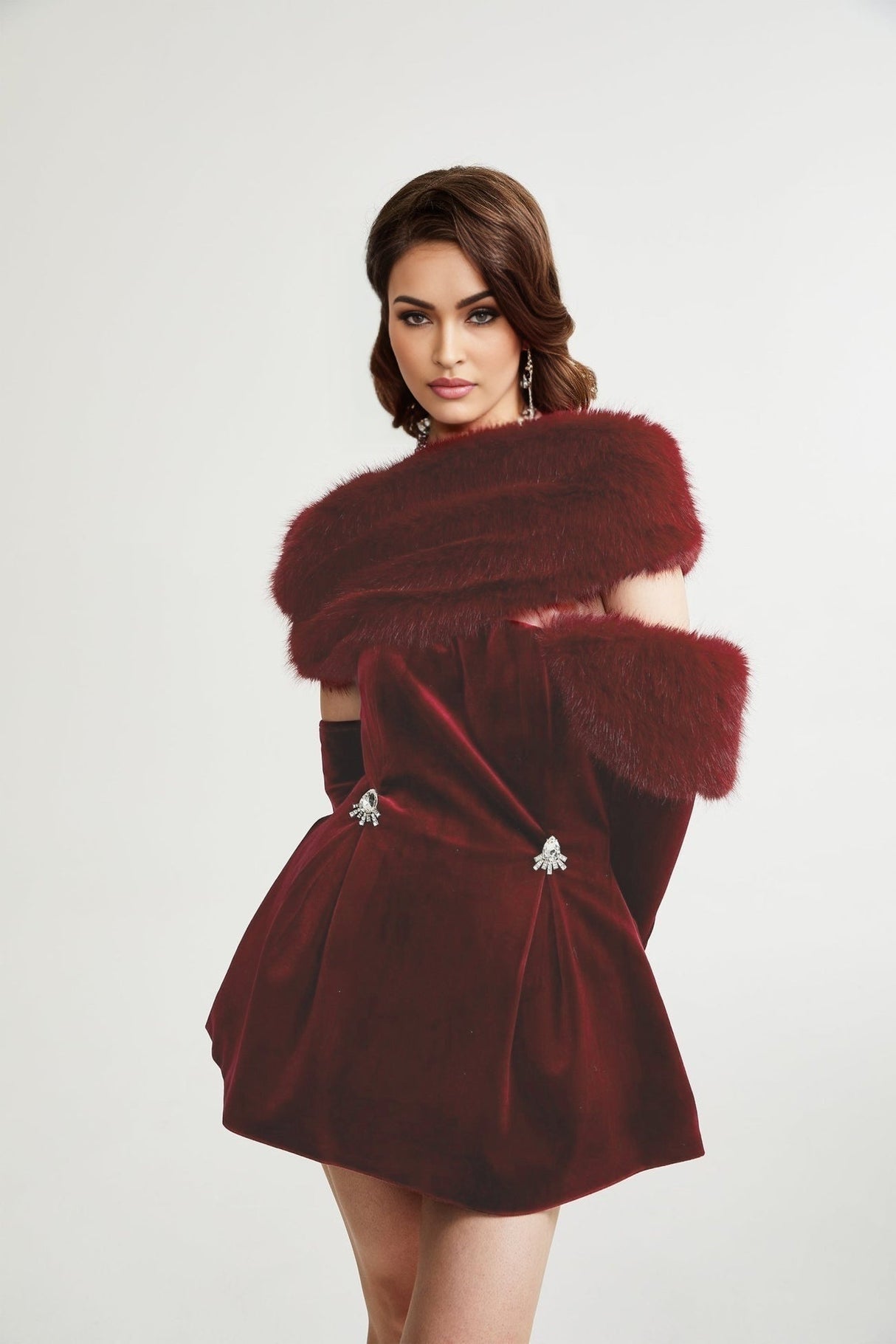 Freya Mini Dress - Four - Piece Suit Design - Strapless Style - Removable Faux - Fur Collar - Diamond Decoration