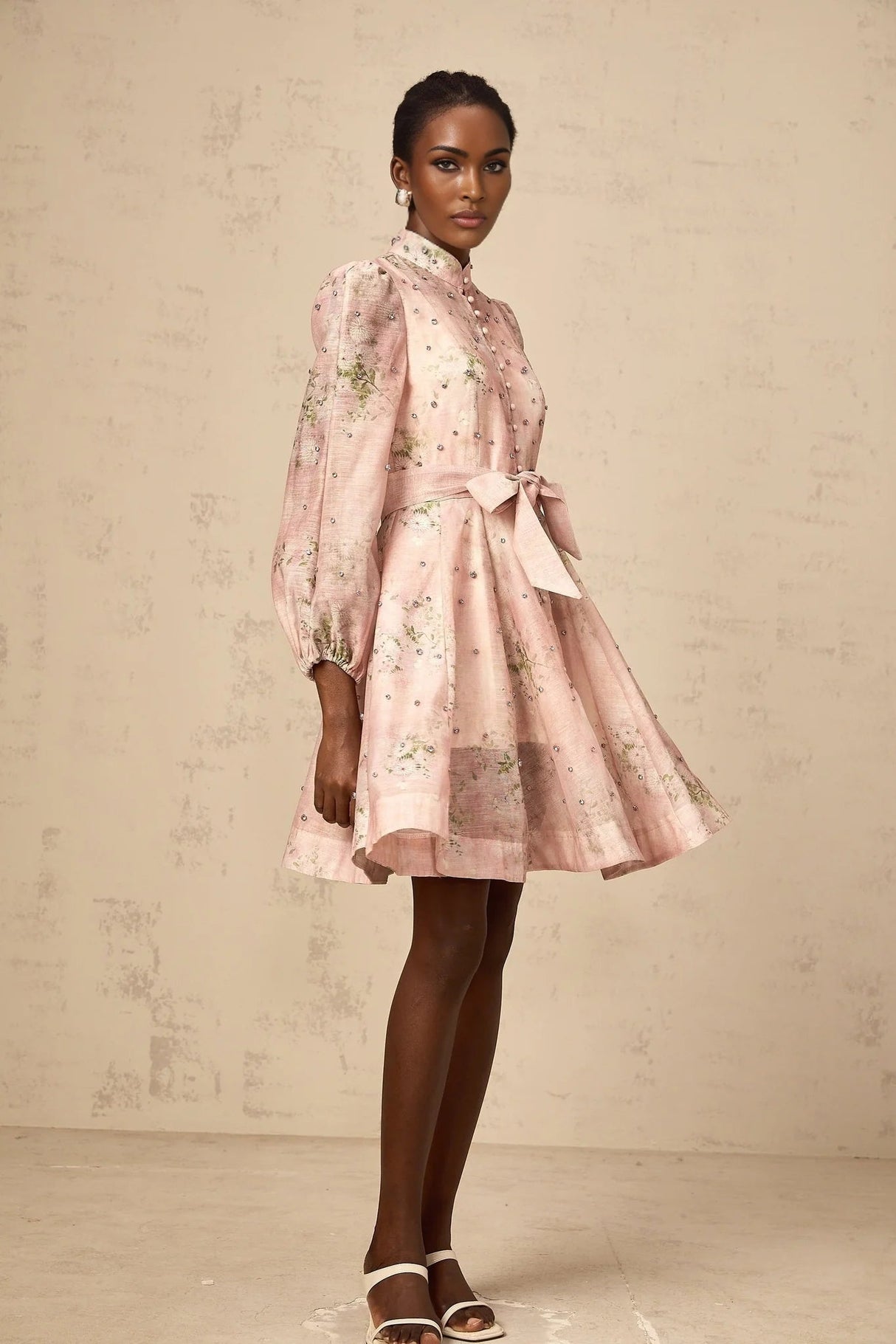 Freya Mini Dress Pink Floral Crystal Embellished