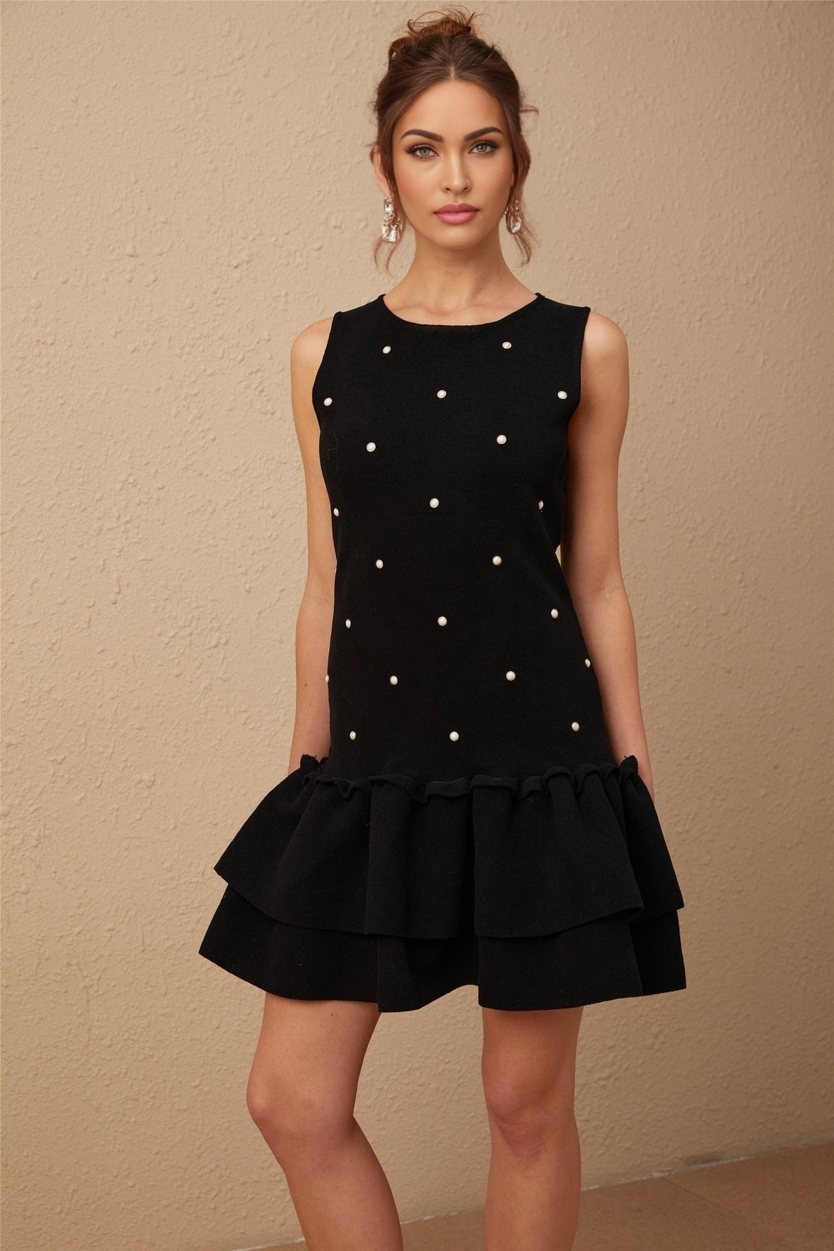 Freya Mini Dress - Sleeveless Scoop Neck - Textured Knit - Stretch Design - Bead Embellishment - Peplum Hem