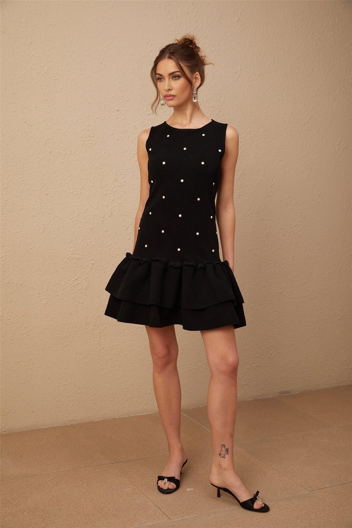 Freya Mini Dress - Sleeveless Scoop Neck - Textured Knit - Stretch Design - Bead Embellishment - Peplum Hem