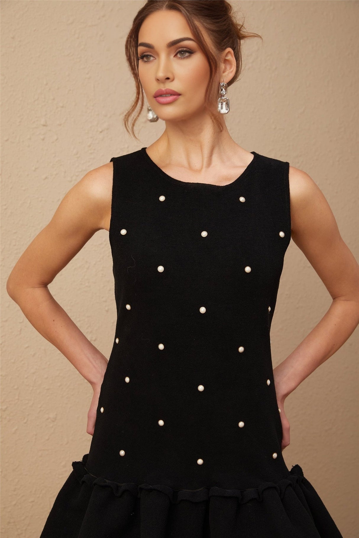Freya Mini Dress - Sleeveless Scoop Neck - Textured Knit - Stretch Design - Bead Embellishment - Peplum Hem