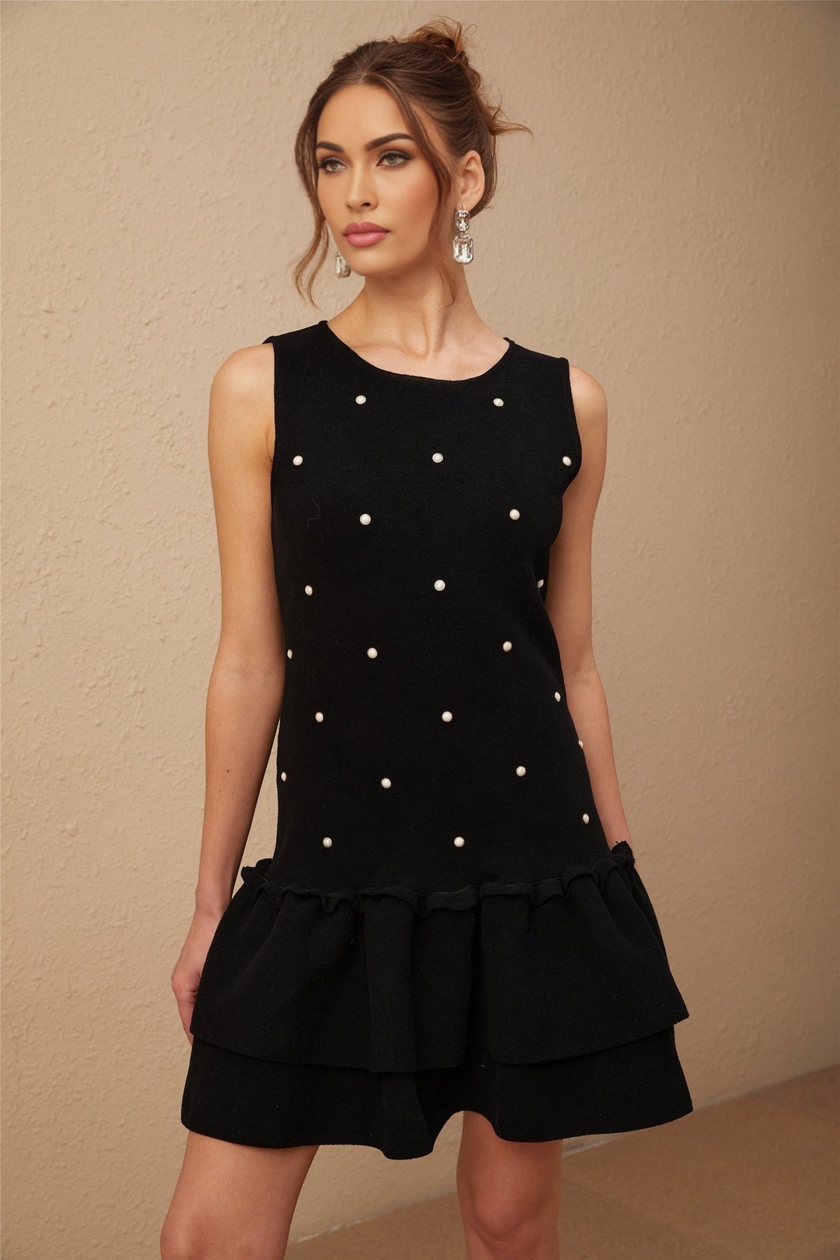 Freya Mini Dress - Sleeveless Scoop Neck - Textured Knit - Stretch Design - Bead Embellishment - Peplum Hem
