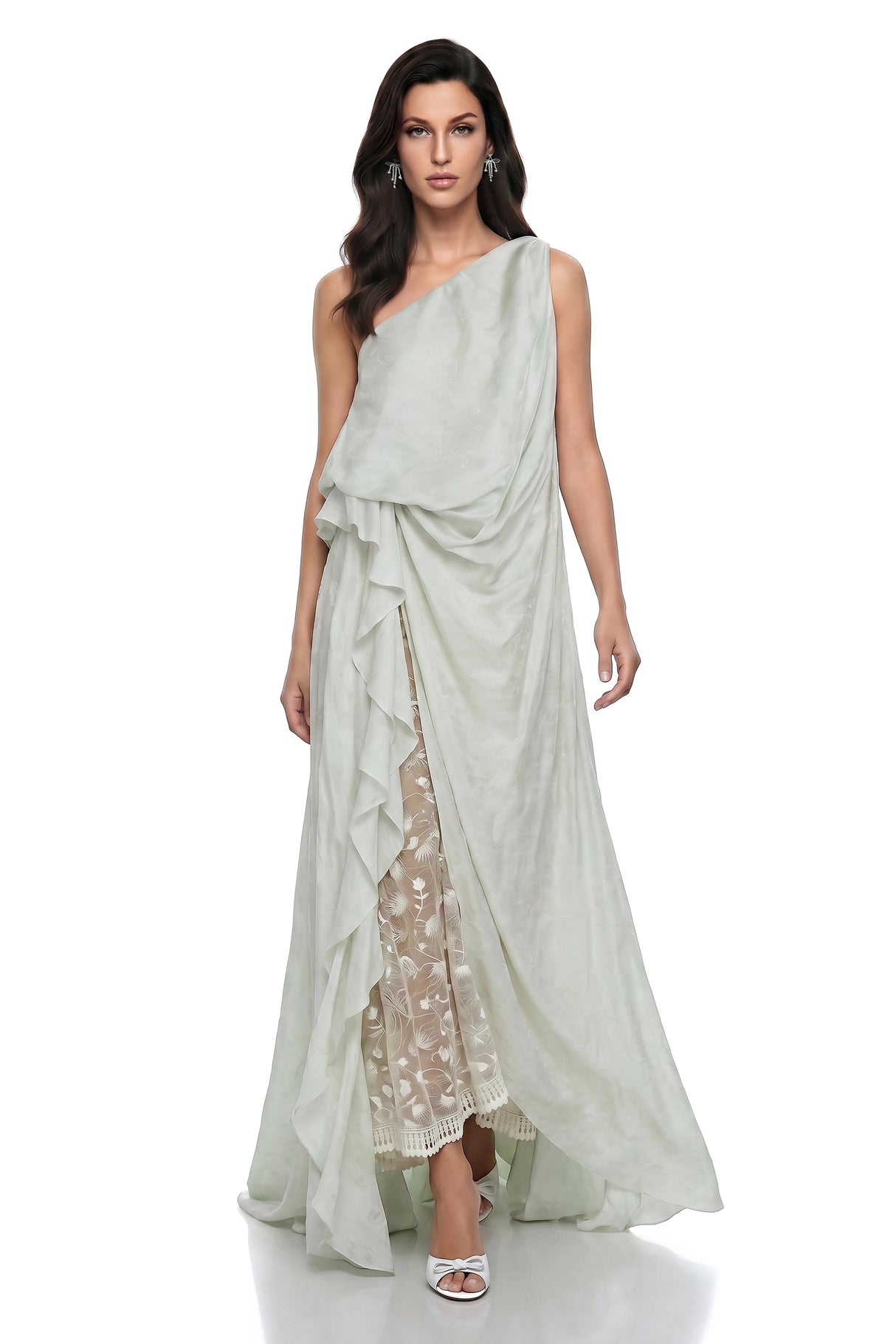 Frusina Green Ruffled Maxi Dress with Lace Panels