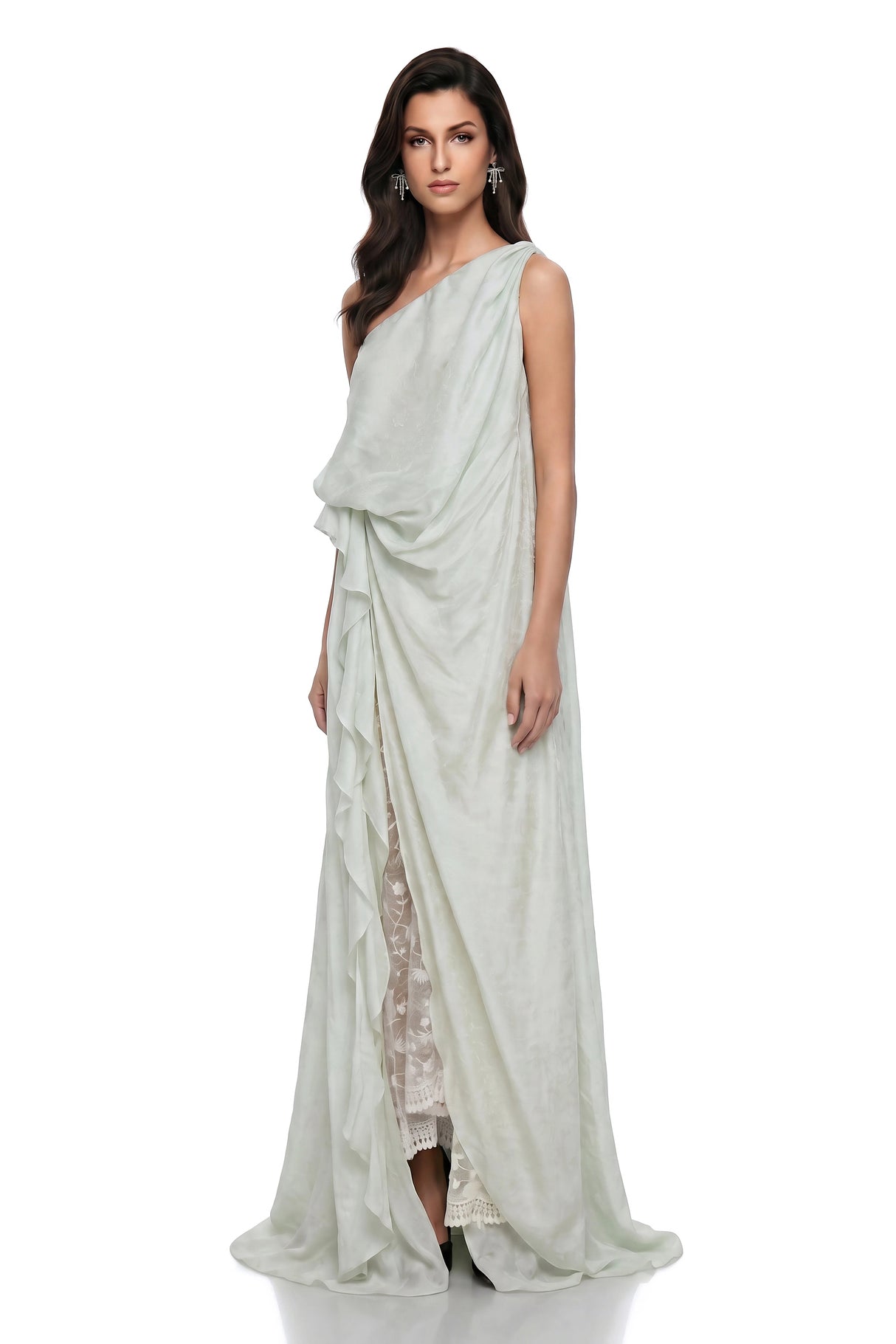 Frusina Green Ruffled Maxi Dress with Lace Panels