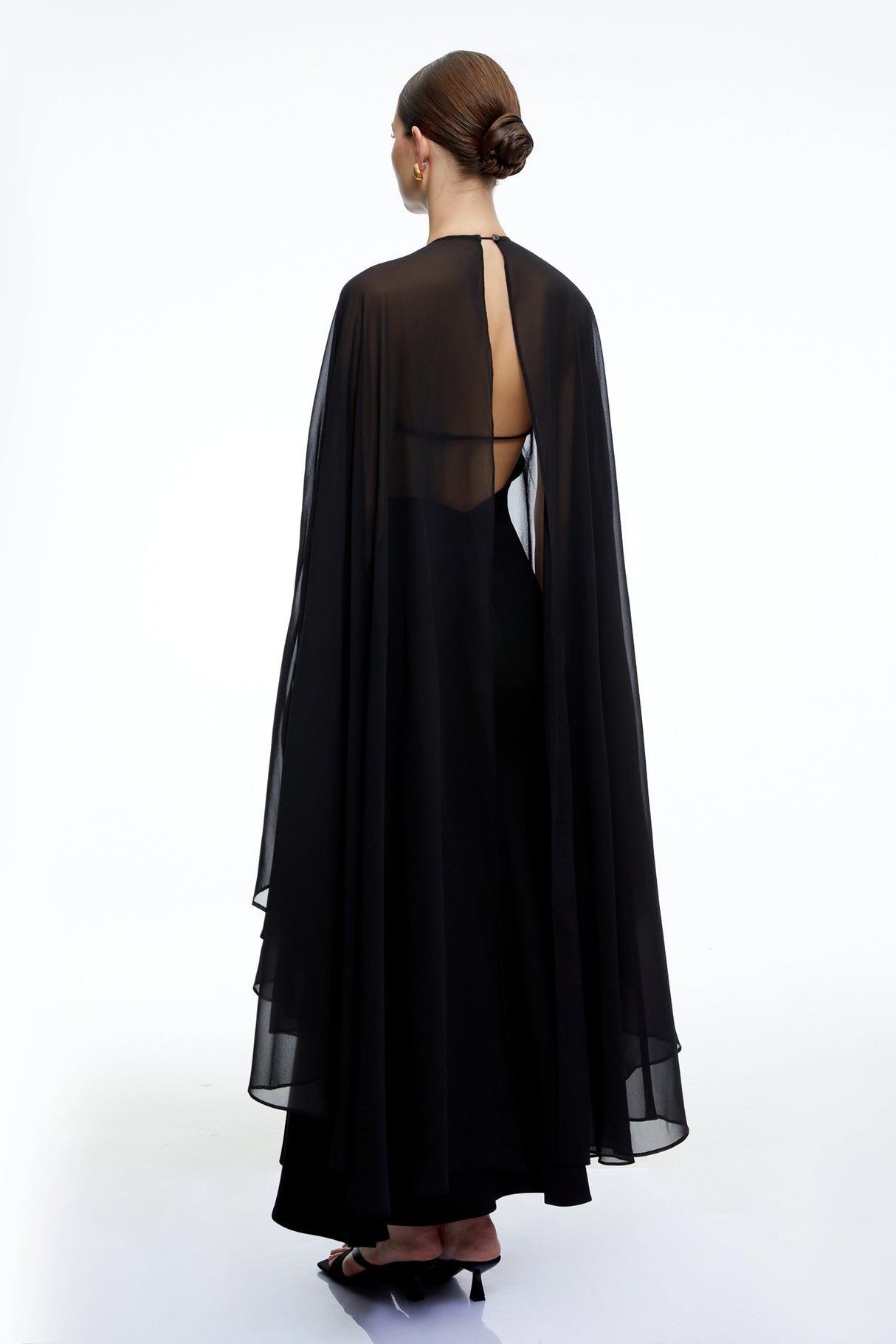 Gabriela Black Solid Color Maxi Dress with Cape