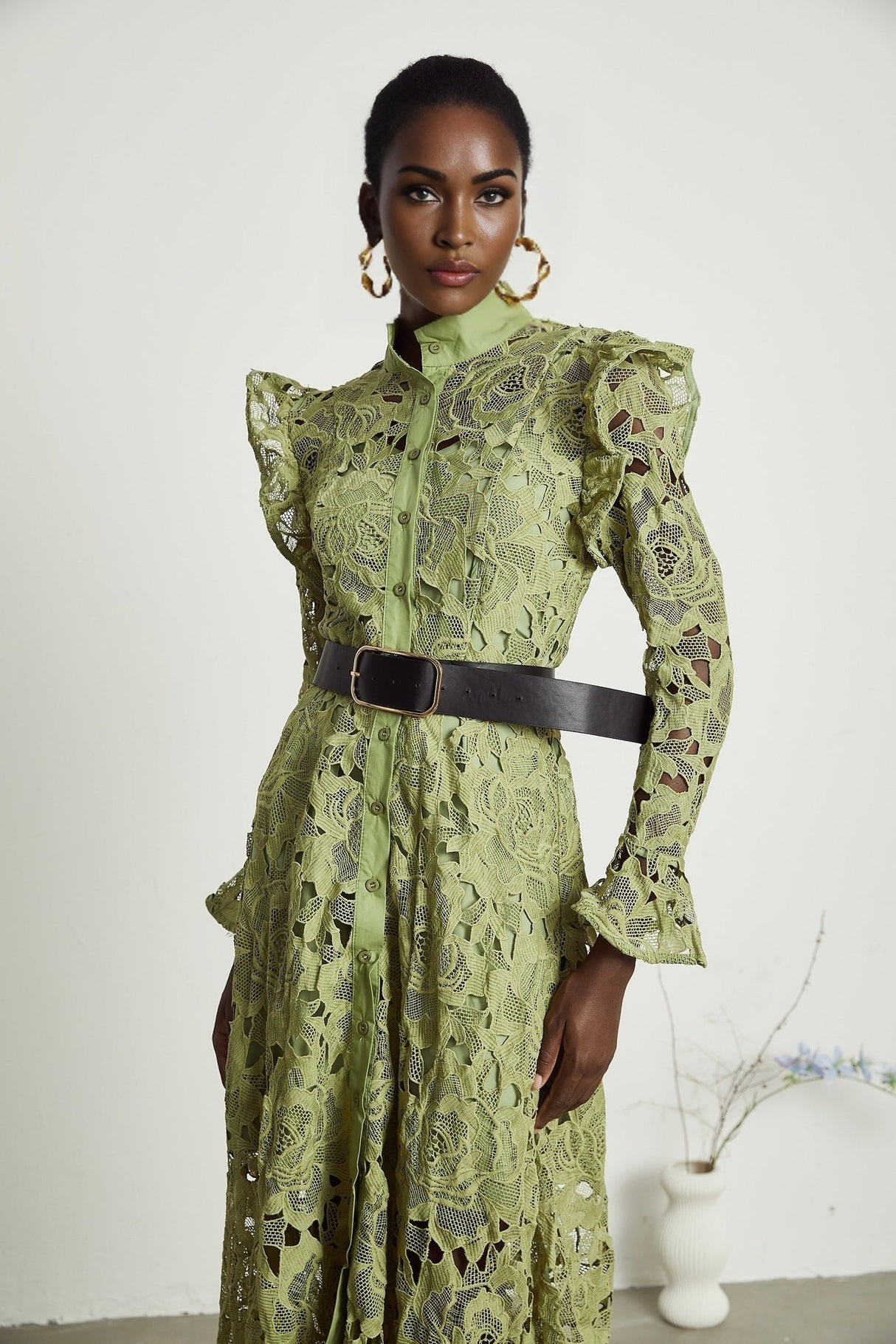 Gabriela Floral Midi Dress - Crew Neck - Long - Sleeved - Elegant Embroidery - Belted Waist