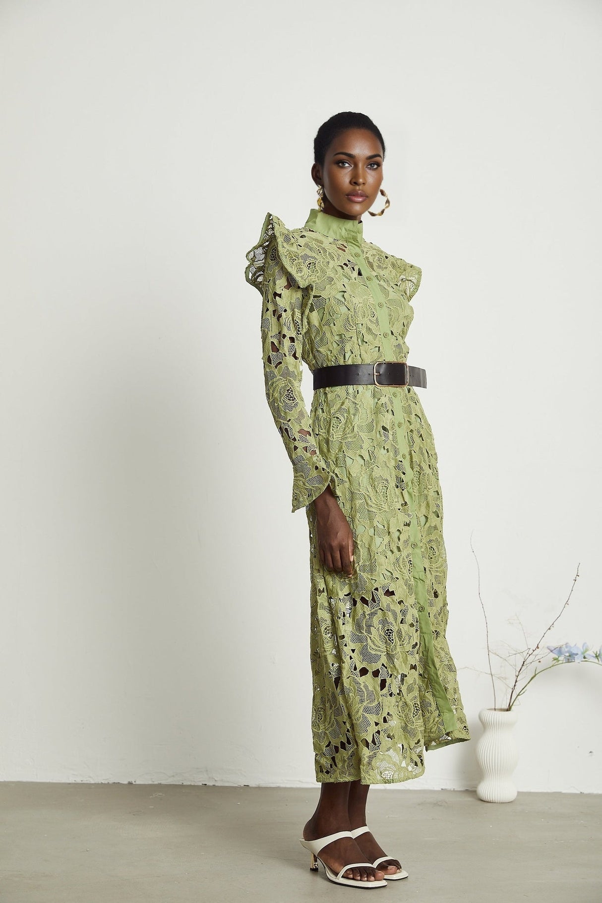 Gabriela Floral Midi Dress - Crew Neck - Long - Sleeved - Elegant Embroidery - Belted Waist