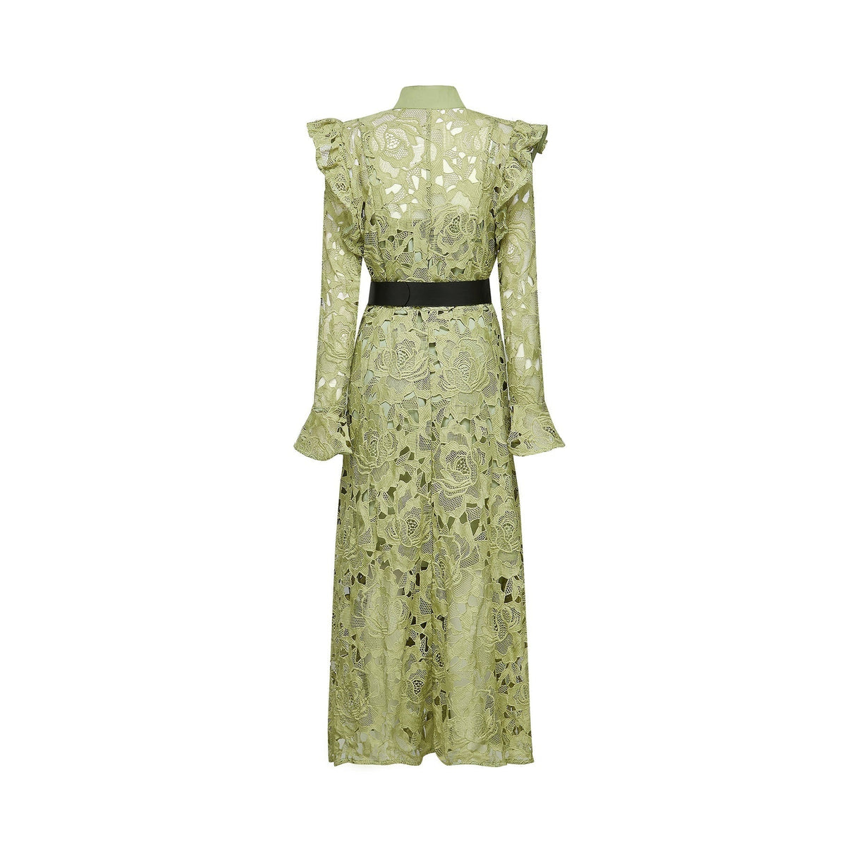 Gabriela Floral Midi Dress - Crew Neck - Long - Sleeved - Elegant Embroidery - Belted Waist