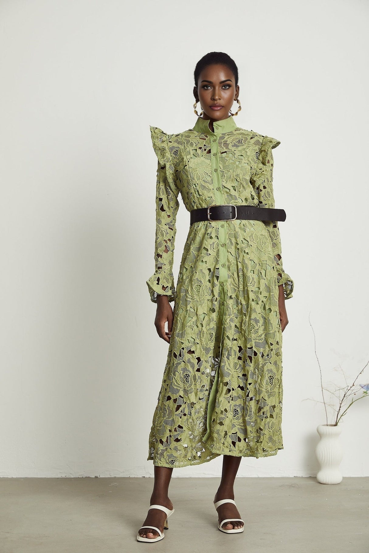 Gabriela Floral Midi Dress - Crew Neck - Long - Sleeved - Elegant Embroidery - Belted Waist