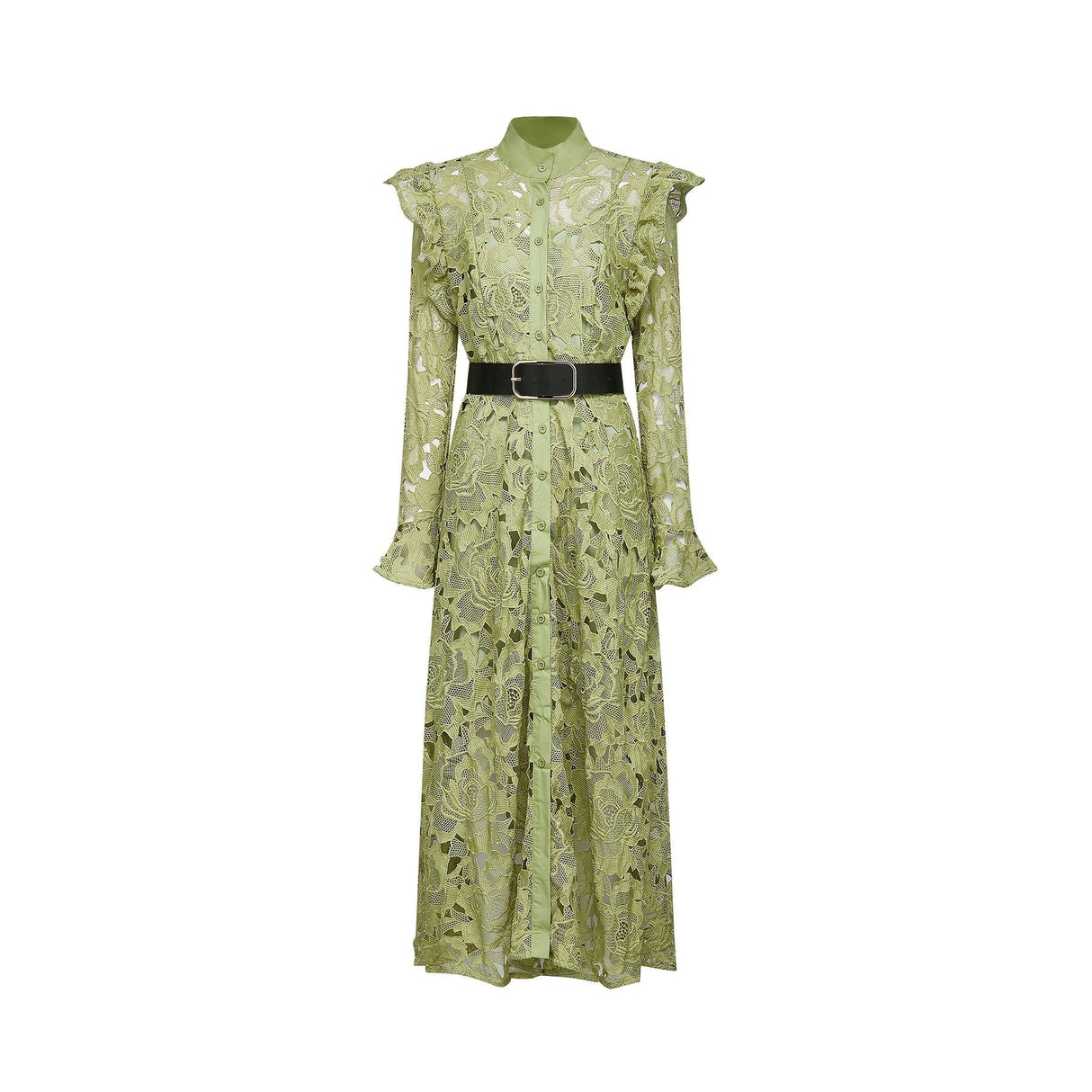 Gabriela Floral Midi Dress - Crew Neck - Long - Sleeved - Elegant Embroidery - Belted Waist