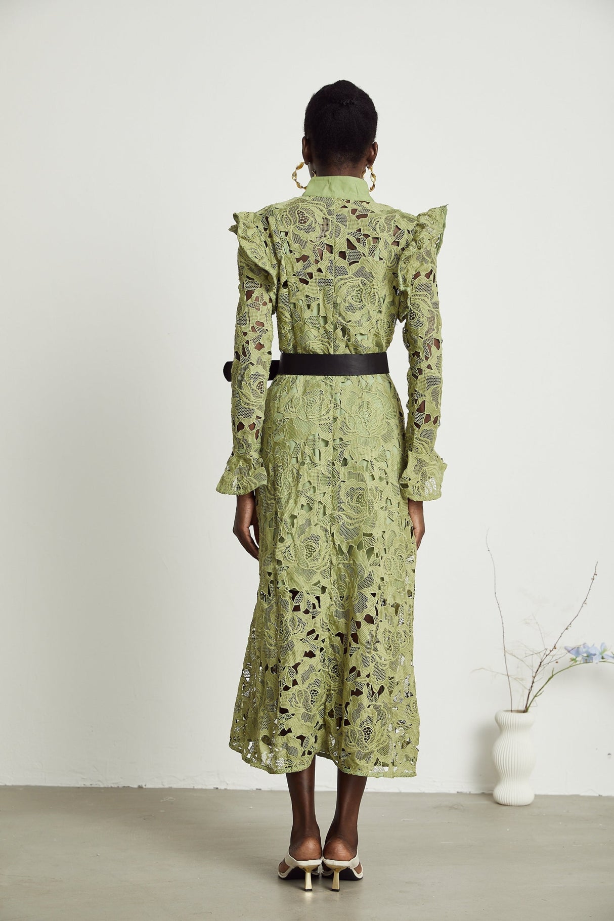 Gabriela Floral Midi Dress - Crew Neck - Long - Sleeved - Elegant Embroidery - Belted Waist