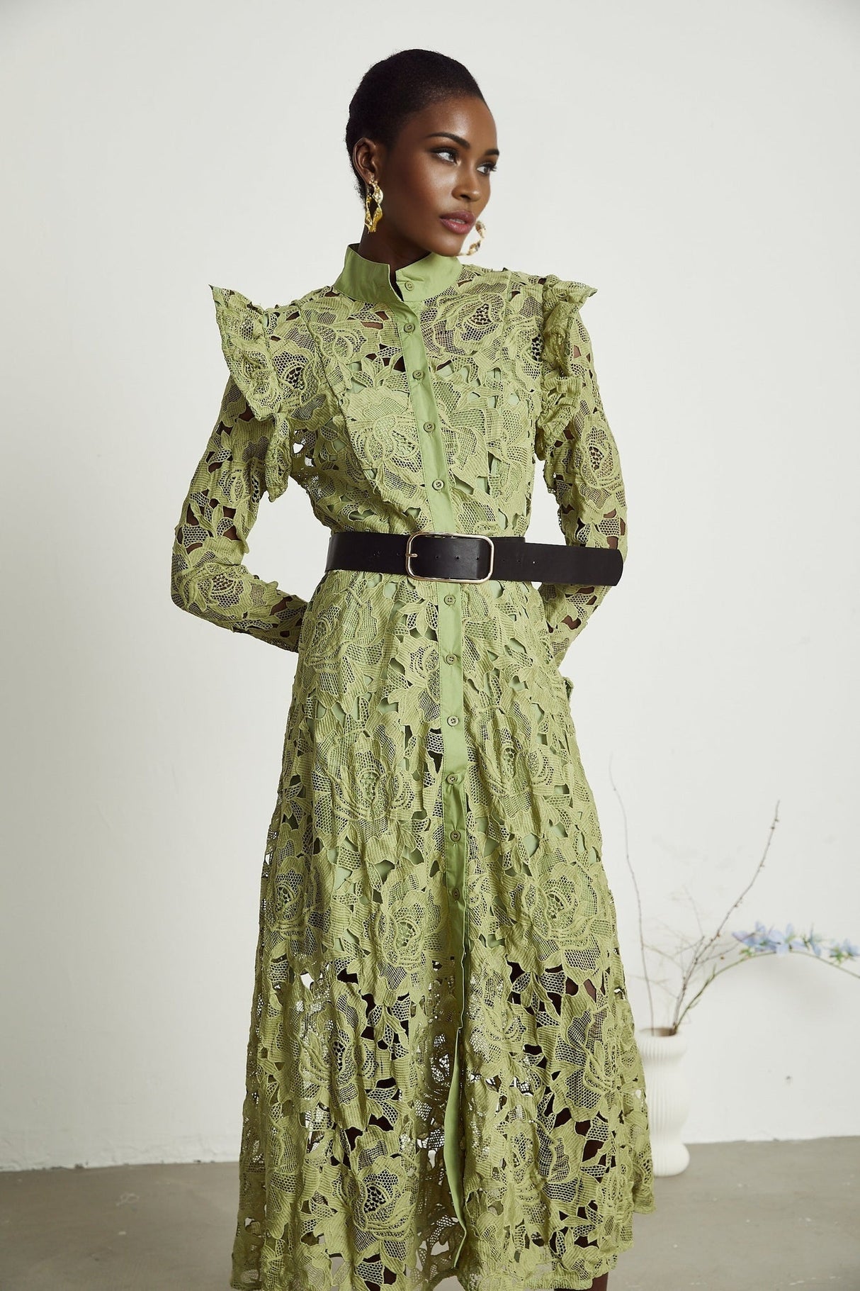Gabriela Floral Midi Dress - Crew Neck - Long - Sleeved - Elegant Embroidery - Belted Waist