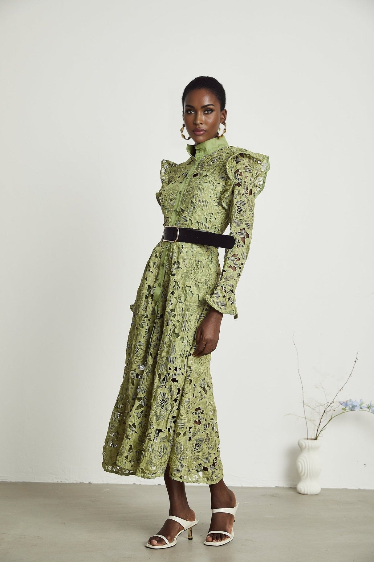 Gabriela Floral Midi Dress - Crew Neck - Long - Sleeved - Elegant Embroidery - Belted Waist