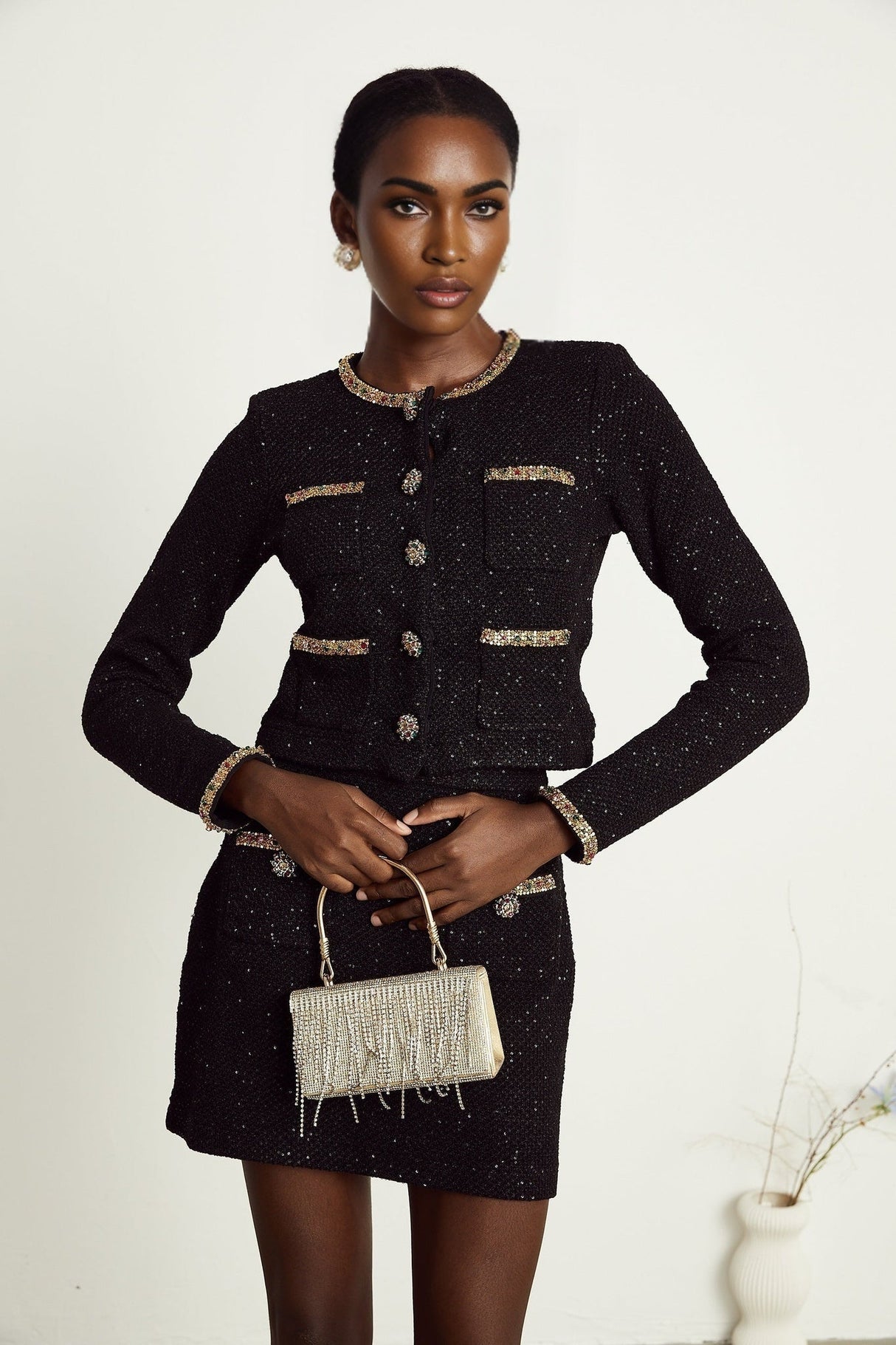 Gabriela Jacket & Skirt - Sequin & Crystal Embellishments - Embossed Buttons - Cropped Style