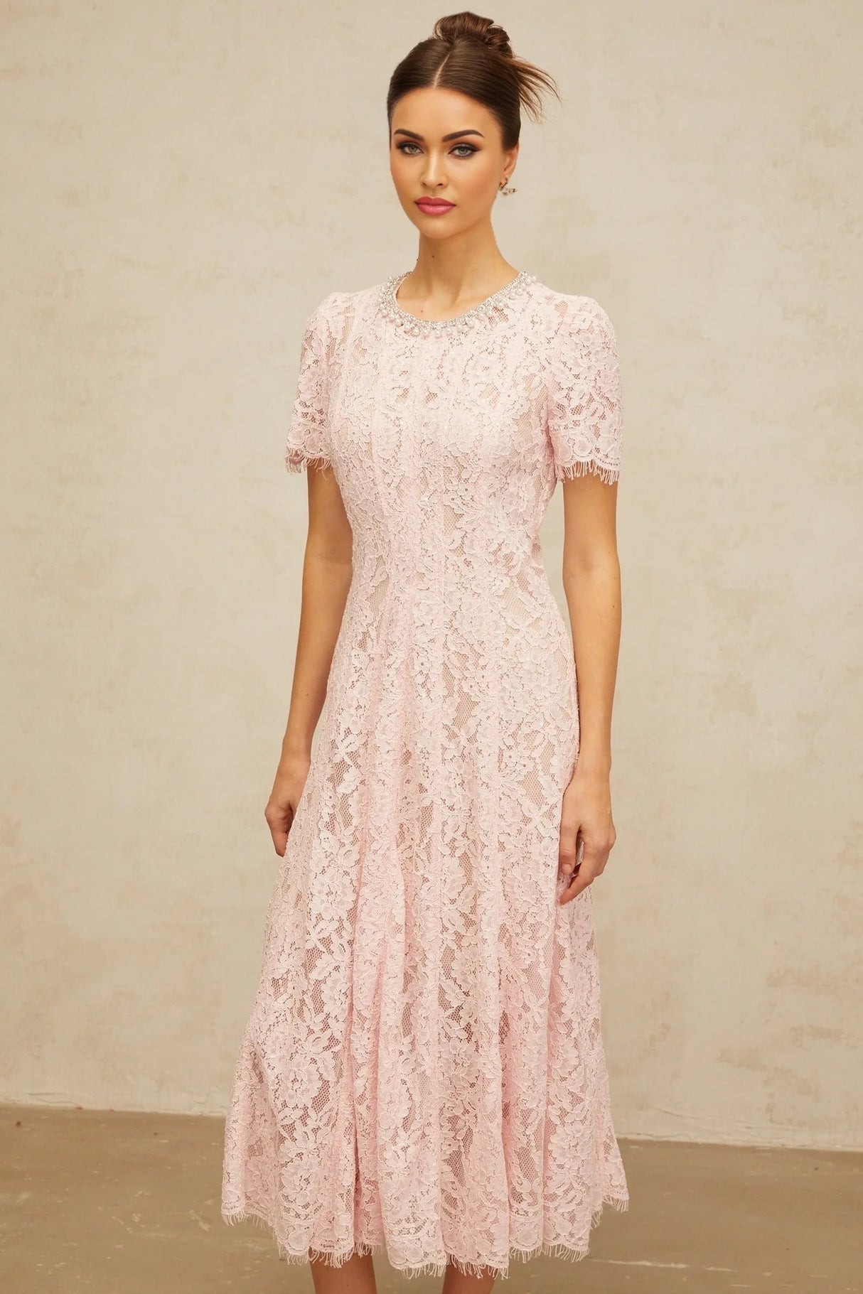 Gabriela Midi Dress Pink Crystal Floral Lace Frayed Calf Length