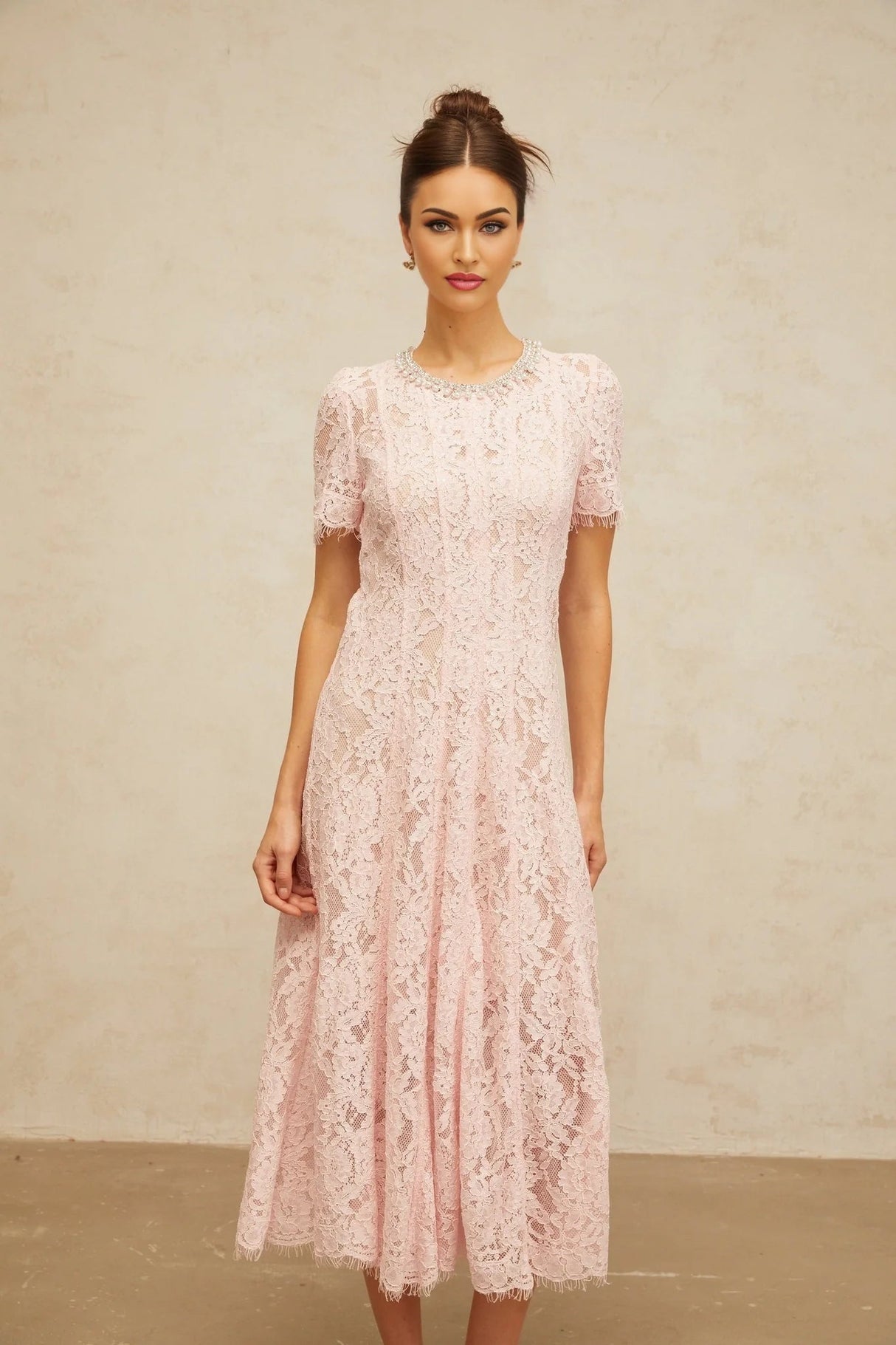 Gabriela Midi Dress Pink Crystal Floral Lace Frayed Calf Length