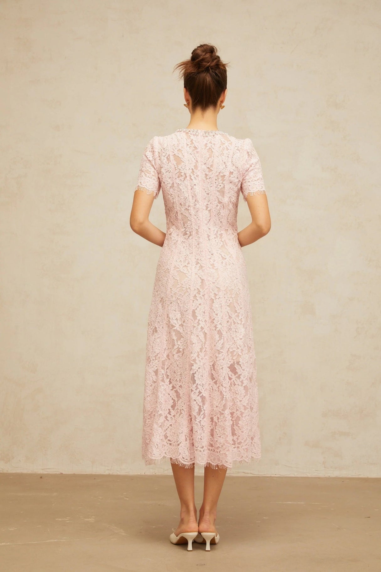 Gabriela Midi Dress Pink Crystal Floral Lace Frayed Calf Length