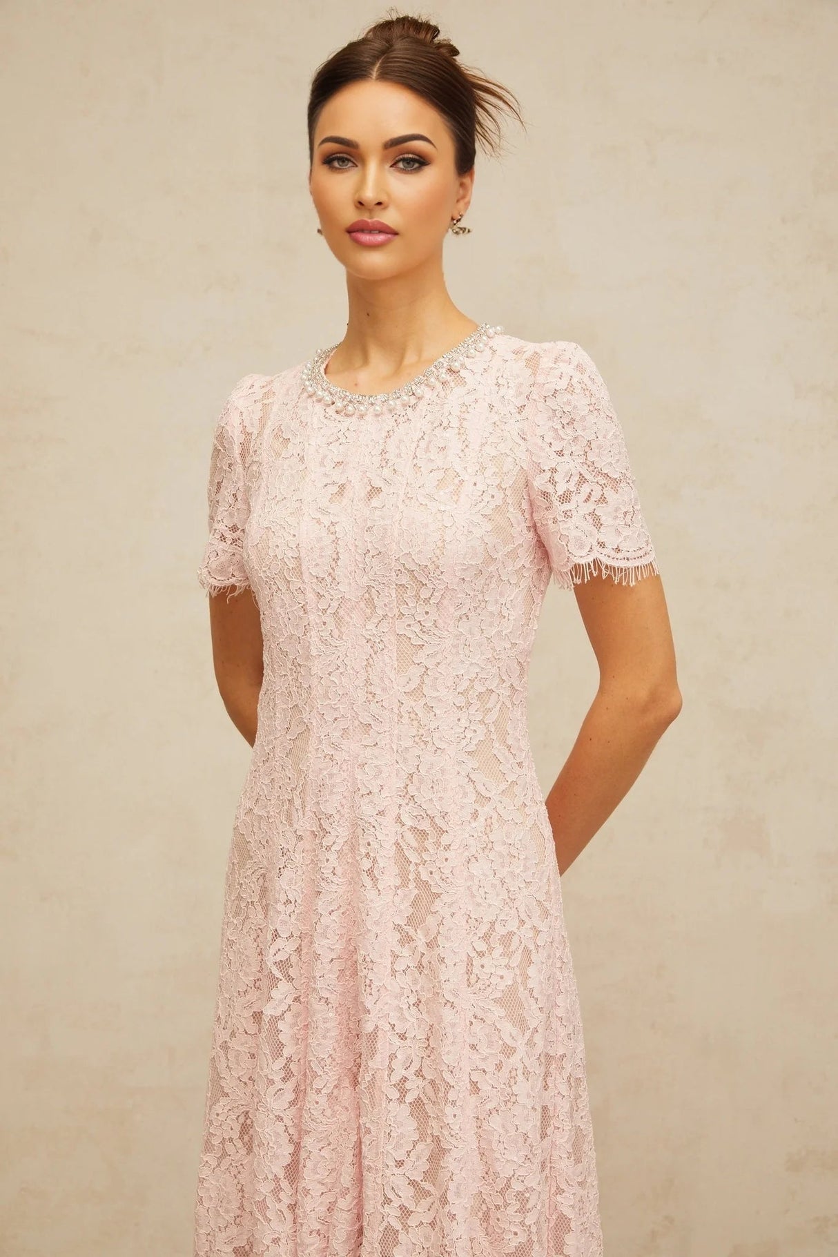 Gabriela Midi Dress Pink Crystal Floral Lace Frayed Calf Length