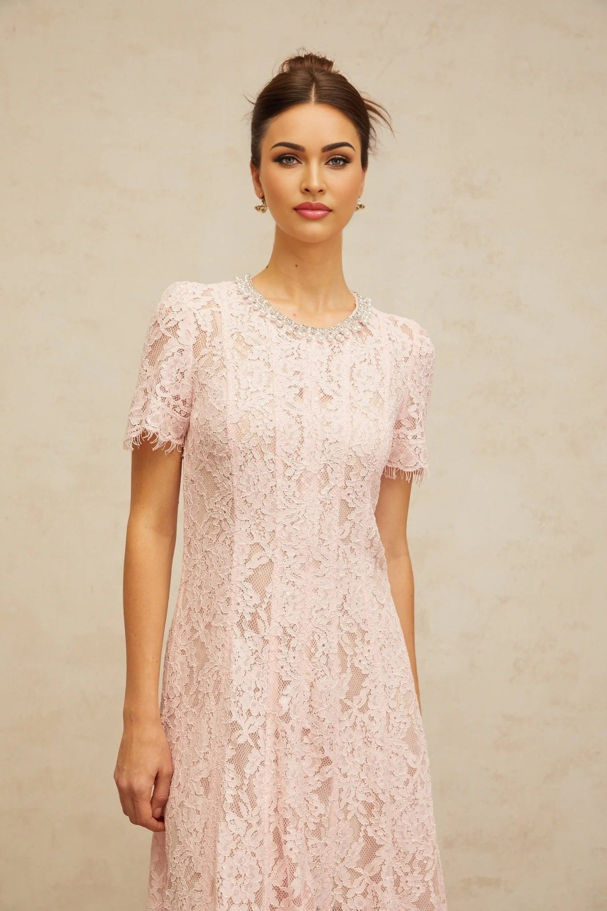 Gabriela Midi Dress Pink Crystal Floral Lace Frayed Calf Length