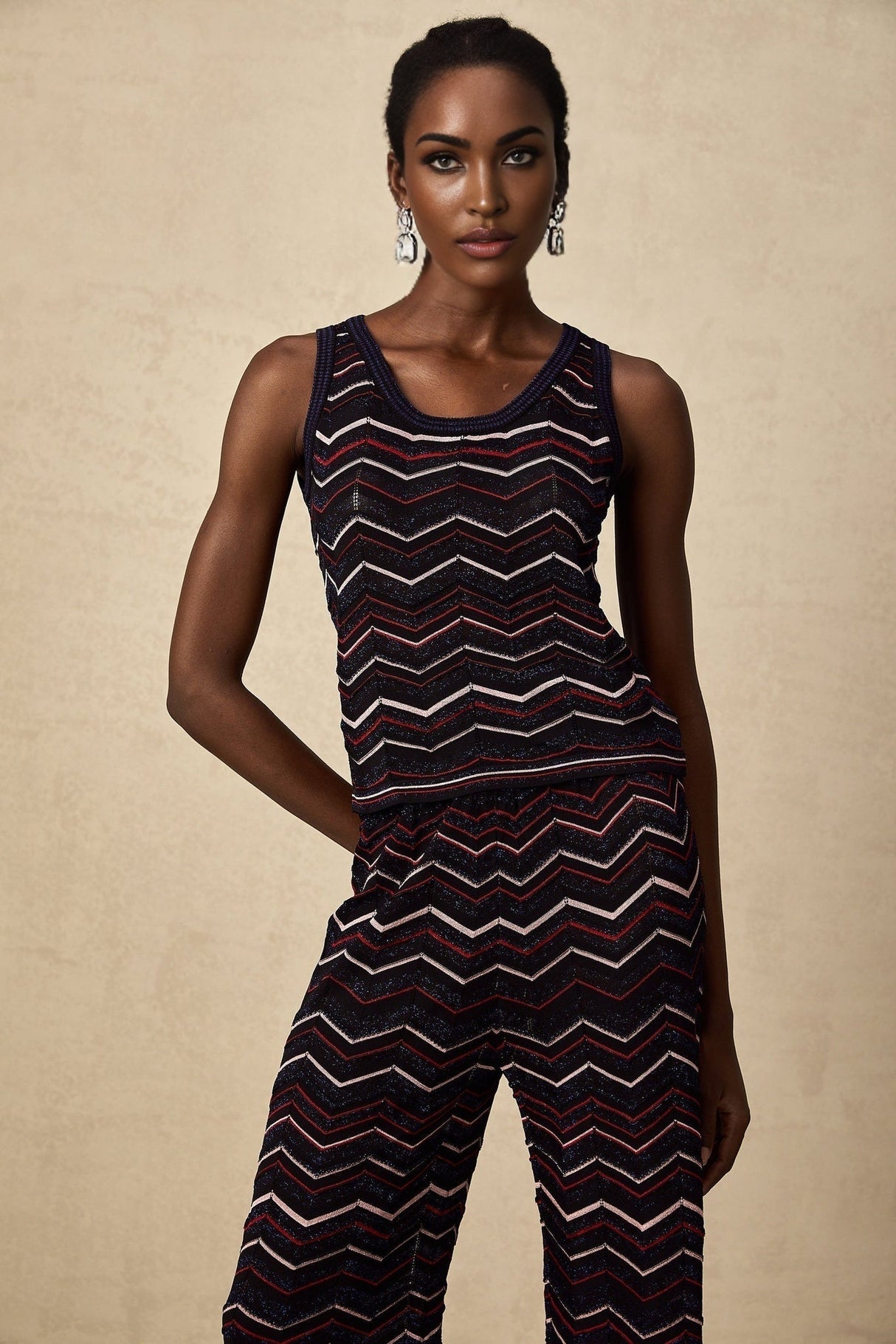 Gabriela Top & Trousers - Sleeveless Round Neck Crochet Knit Zigzag Design Elasticated Waistband Wide Leg Straight Hem