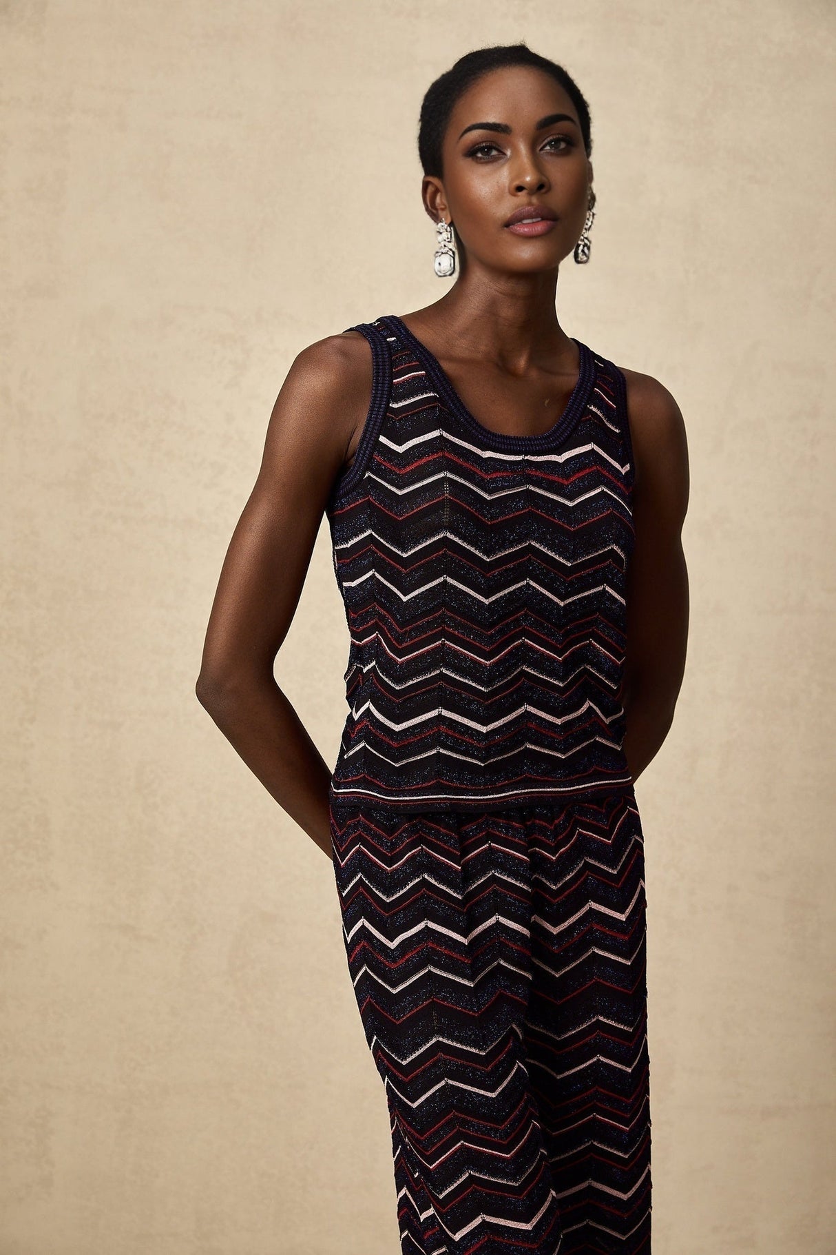 Gabriela Top & Trousers - Sleeveless Round Neck Crochet Knit Zigzag Design Elasticated Waistband Wide Leg Straight Hem