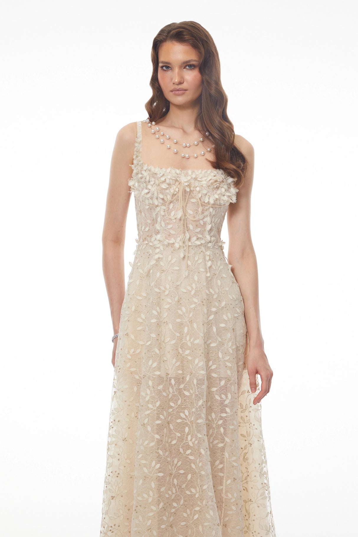 Gabriella Champagne Tulle Maxi Dress with 3D Petals