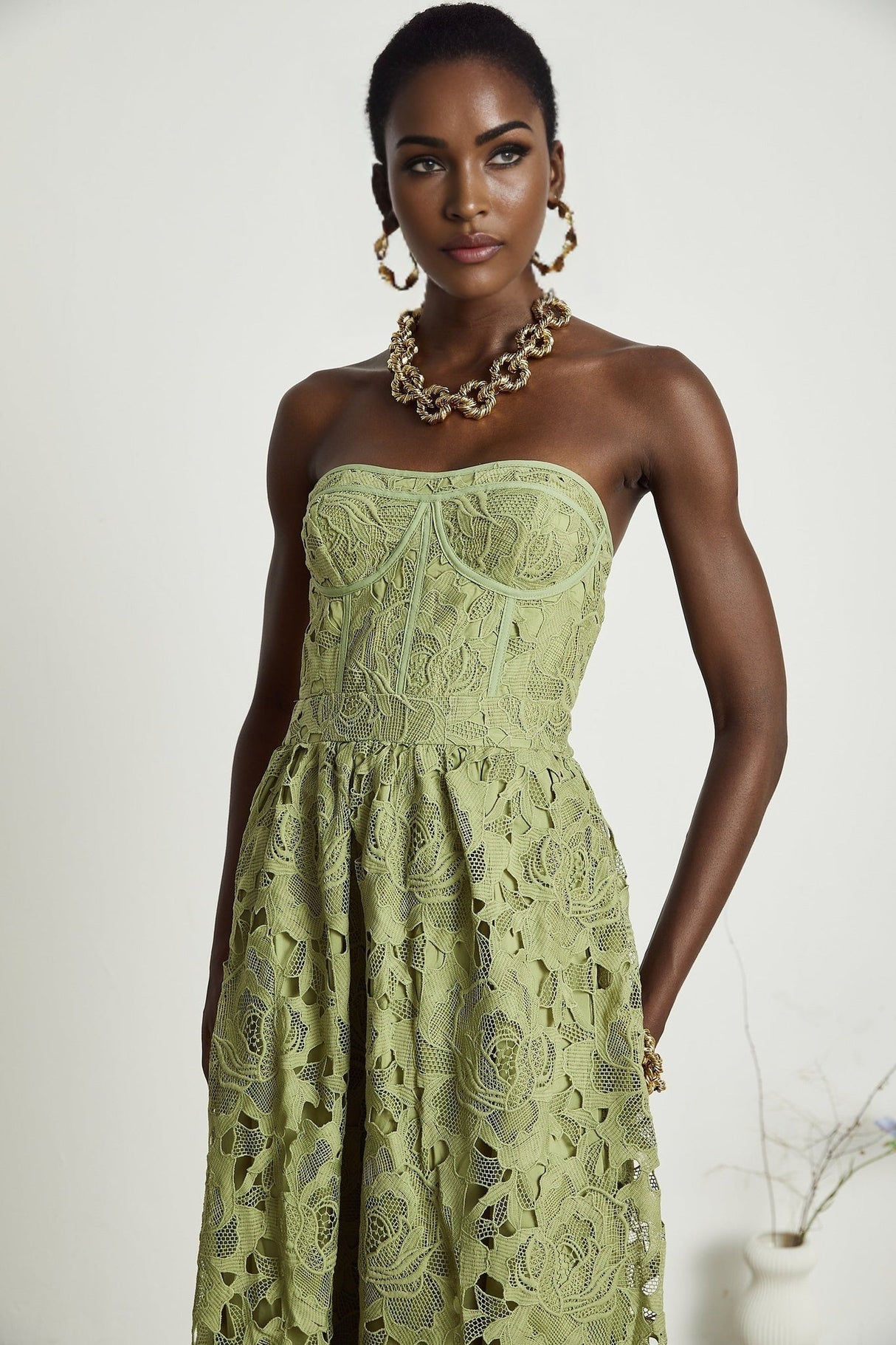 Gabriella Floral Midi Dress - Off Shoulder Bustier Style - Lace Trim Detail - Cut Out Designs - Flounce Hem