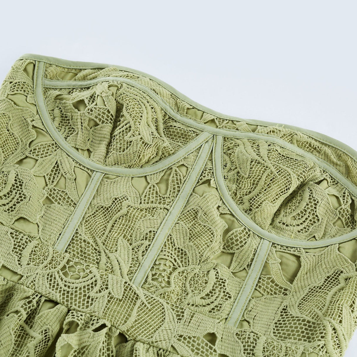 Gabriella Floral Midi Dress - Off Shoulder Bustier Style - Lace Trim Detail - Cut Out Designs - Flounce Hem