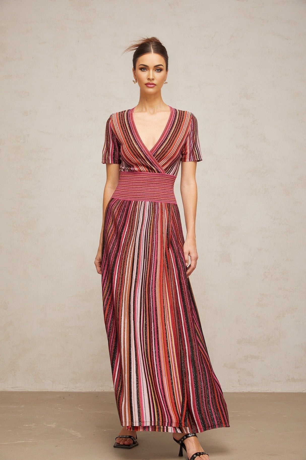 Gabriella Maxi Dress - V Neck - Metallic Threading - Vertical Stripes - Pleated Detailing - Elasticated Waistband