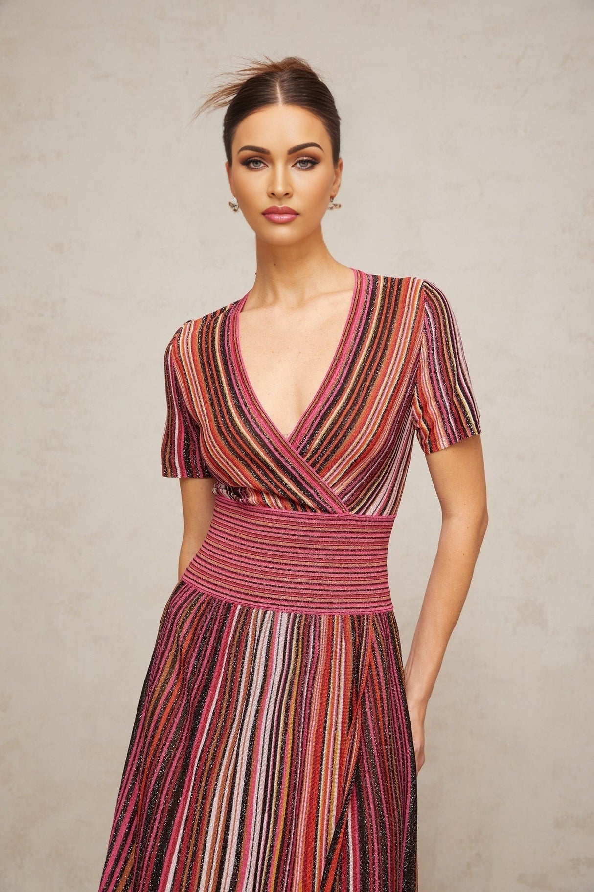 Gabriella Maxi Dress - V Neck - Metallic Threading - Vertical Stripes - Pleated Detailing - Elasticated Waistband