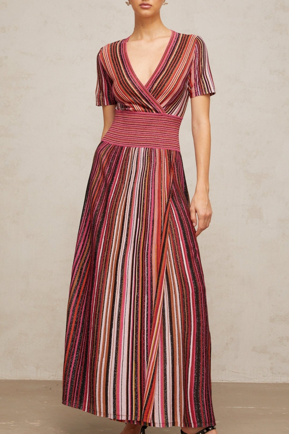 Gabriella Maxi Dress - V Neck - Metallic Threading - Vertical Stripes - Pleated Detailing - Elasticated Waistband