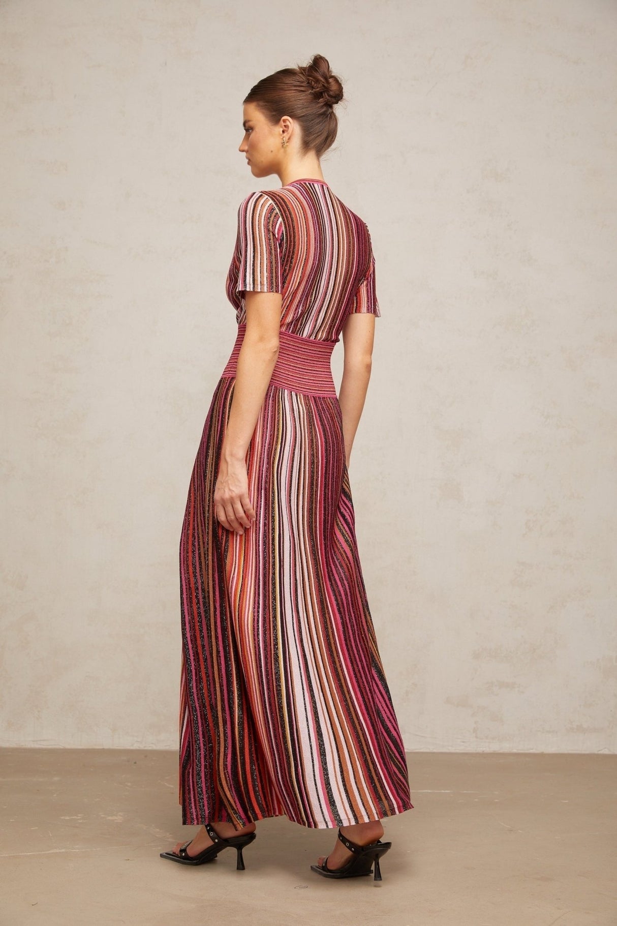 Gabriella Maxi Dress - V Neck - Metallic Threading - Vertical Stripes - Pleated Detailing - Elasticated Waistband