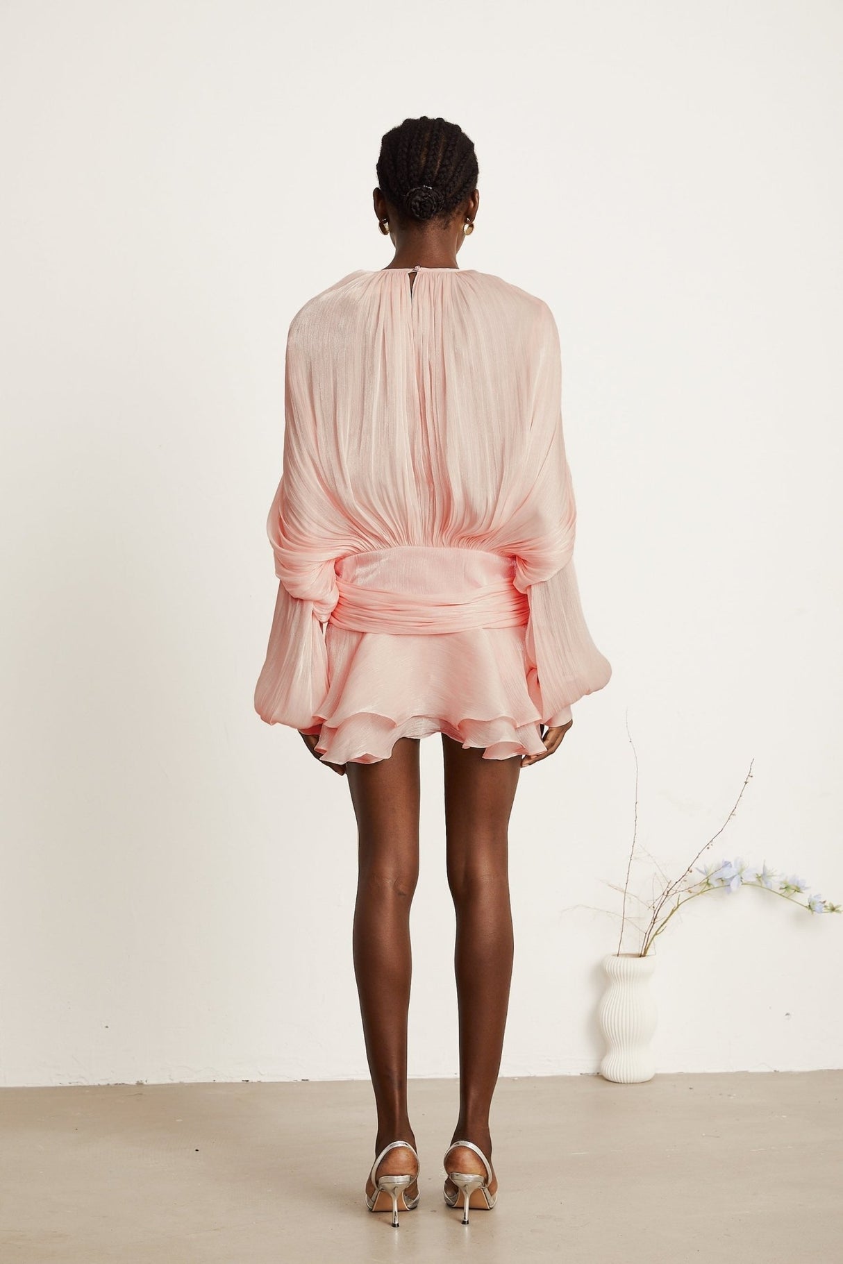Gabriella Mini Dress - Long Sleeves - Twist Design - Shoulder Pads - Draped Pleats - Ruffled Hem