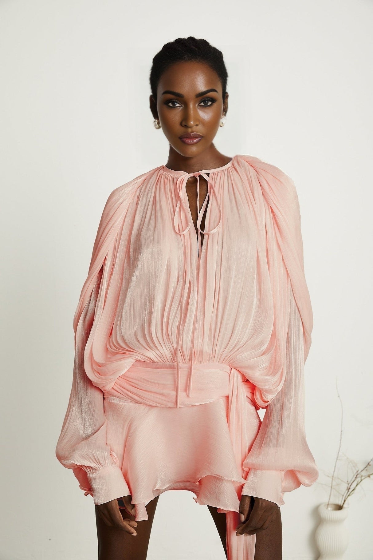 Gabriella Mini Dress - Long Sleeves - Twist Design - Shoulder Pads - Draped Pleats - Ruffled Hem