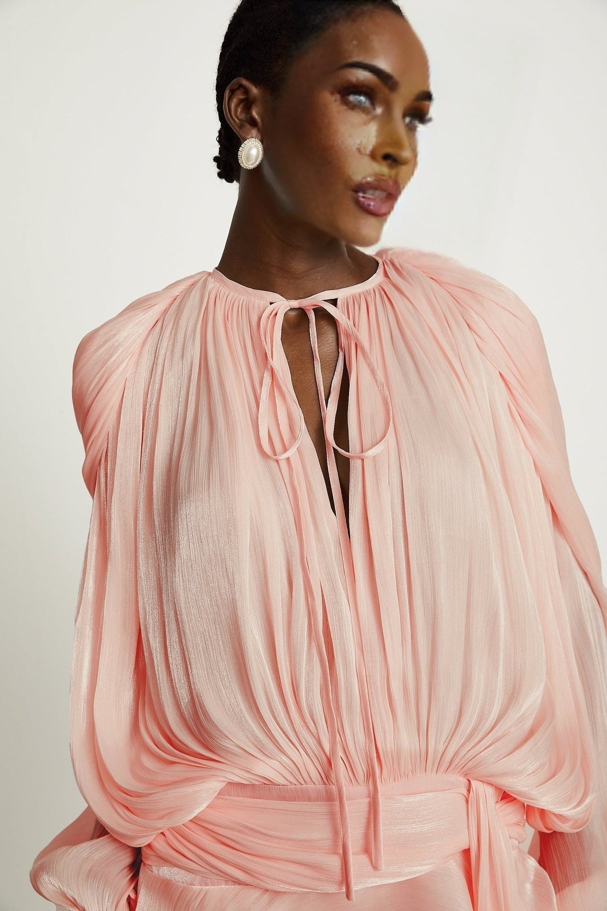 Gabriella Mini Dress - Long Sleeves - Twist Design - Shoulder Pads - Draped Pleats - Ruffled Hem