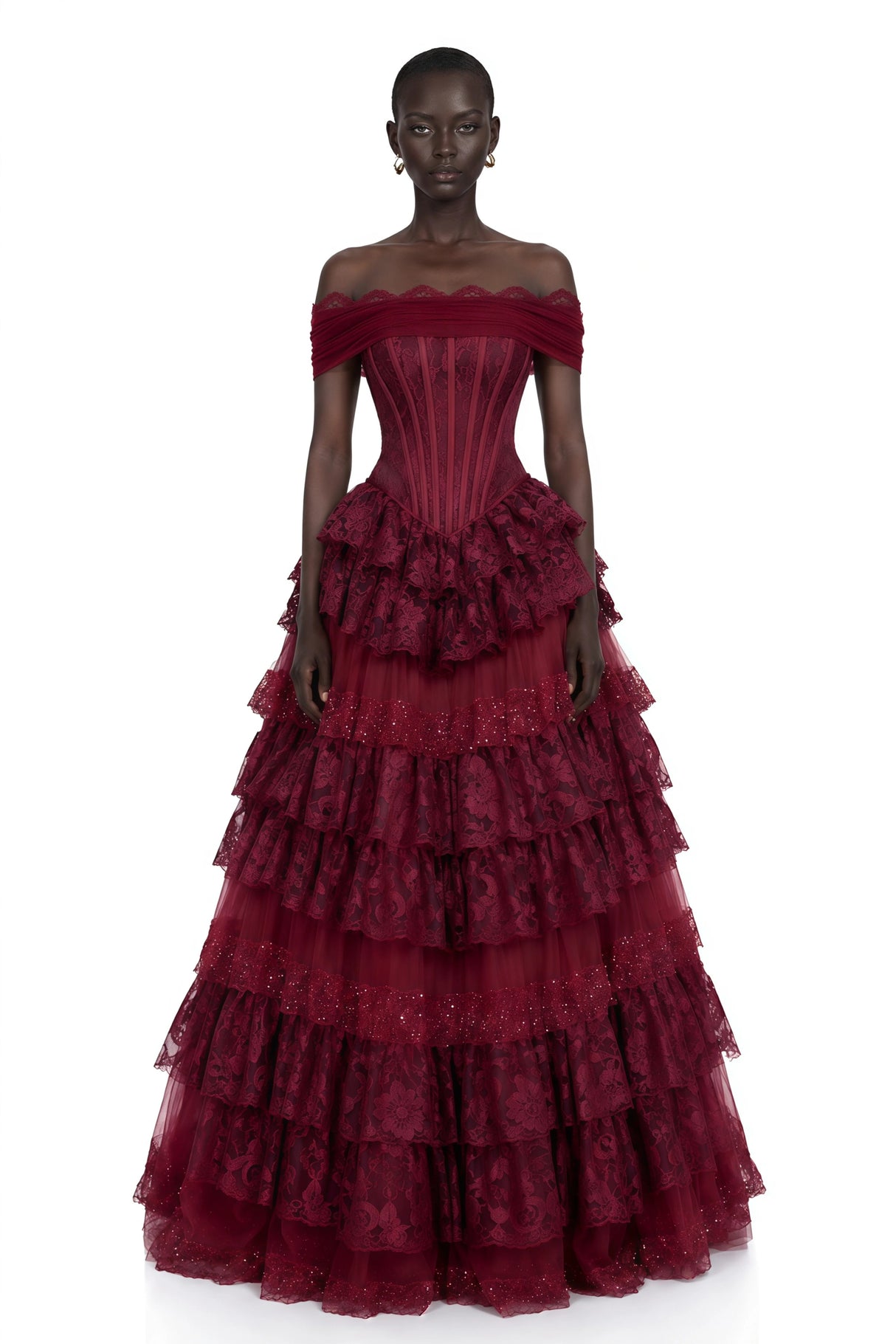 Gabrielle Burgundy Floral Lace Tiered Maxi Dress