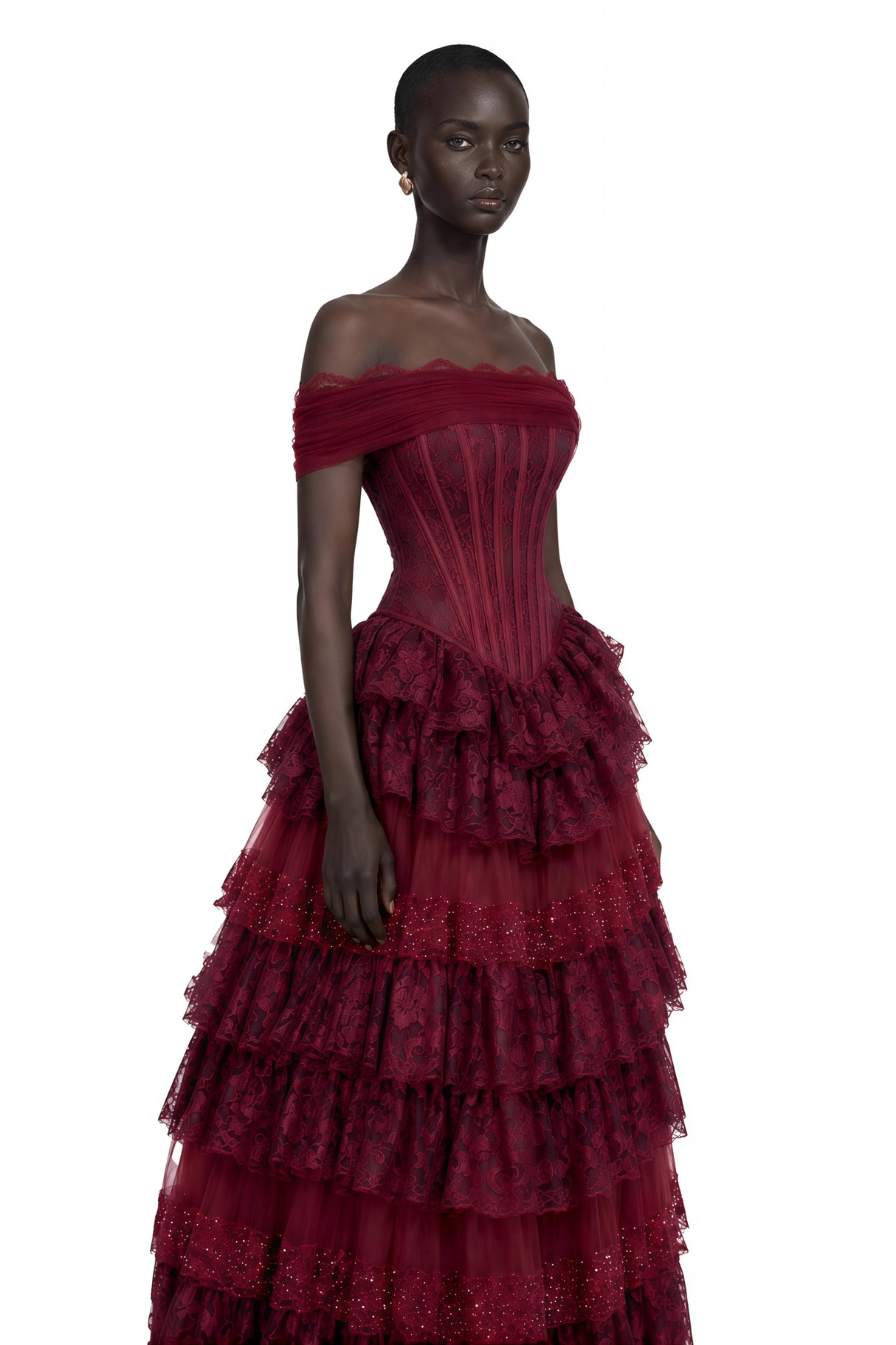Gabrielle Burgundy Floral Lace Tiered Maxi Dress