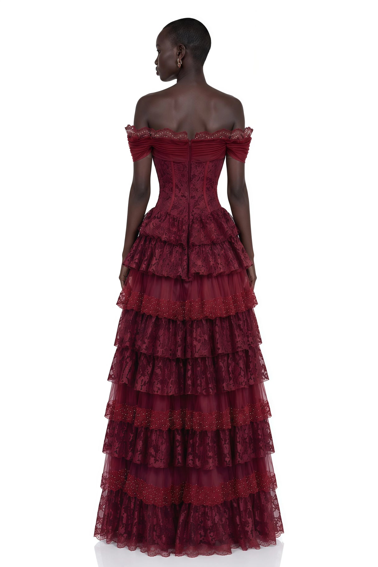 Gabrielle Burgundy Floral Lace Tiered Maxi Dress