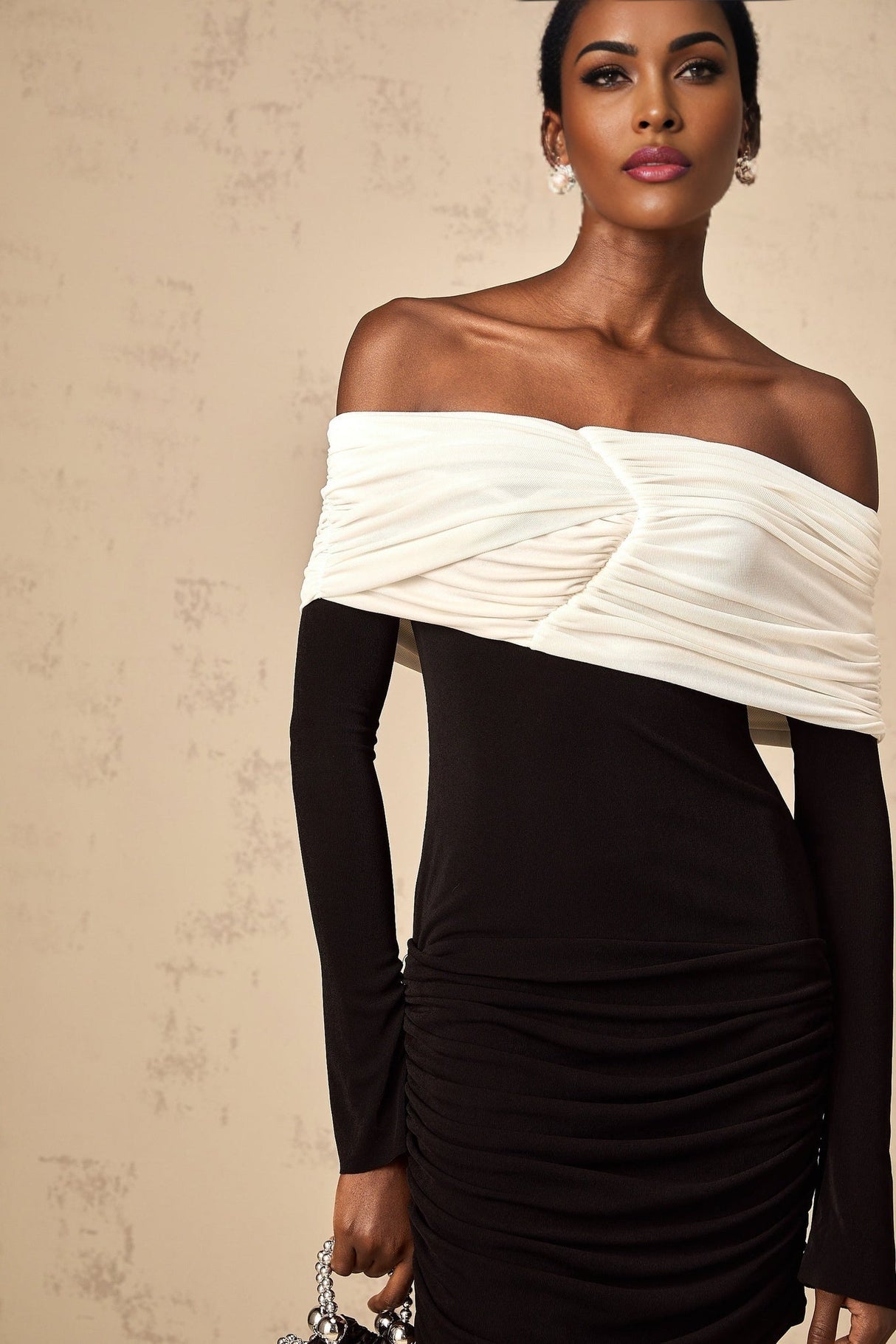 Gabrielle Mini Dress - Off the Shoulder Style - Long Sleeves - Color Blocked Design - Ruched Detailing