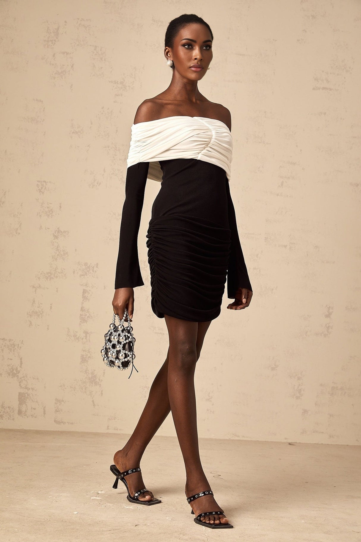 Gabrielle Mini Dress - Off the Shoulder Style - Long Sleeves - Color Blocked Design - Ruched Detailing