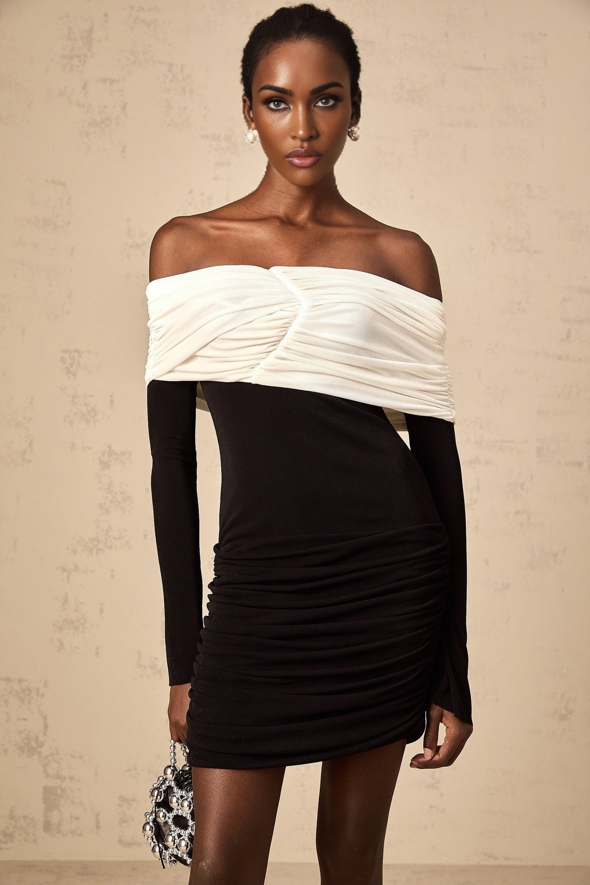 Gabrielle Mini Dress - Off the Shoulder Style - Long Sleeves - Color Blocked Design - Ruched Detailing