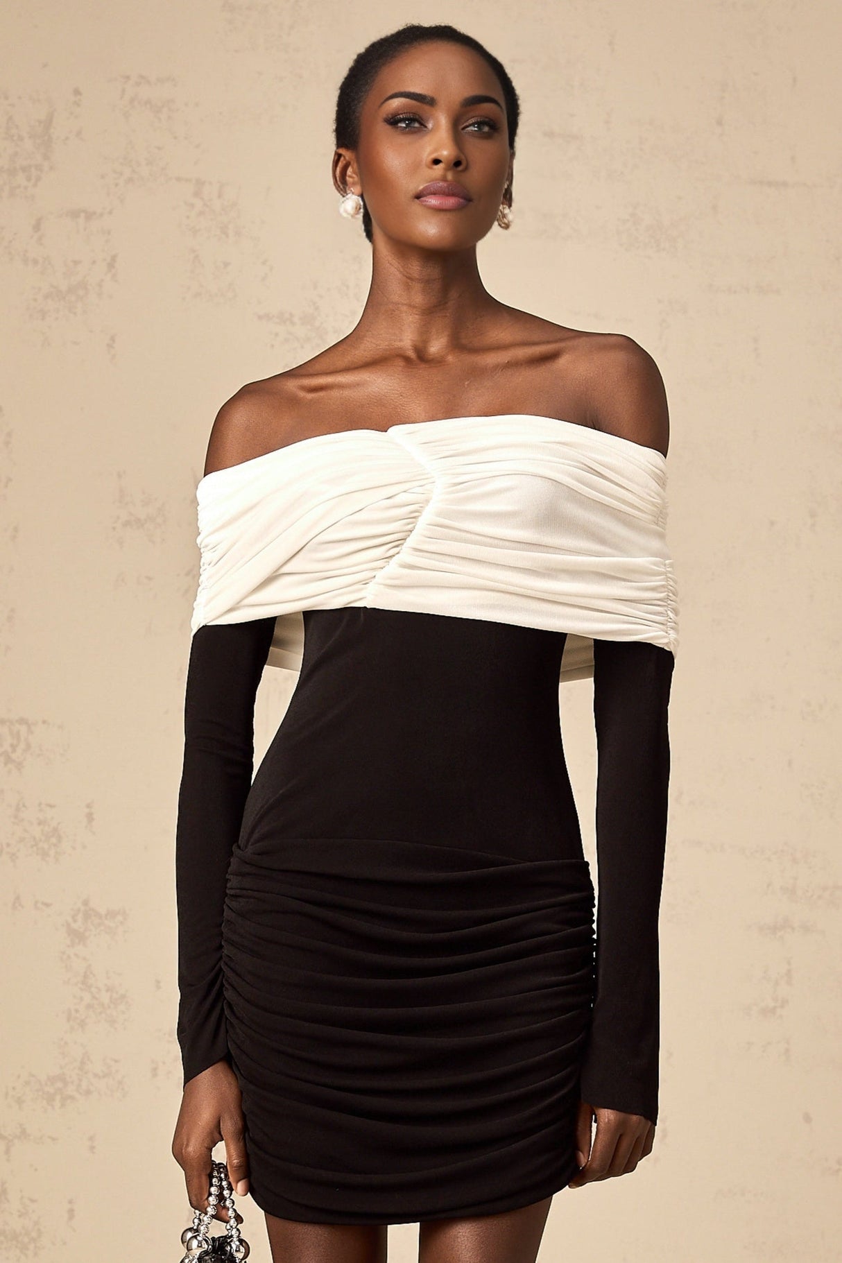 Gabrielle Mini Dress - Off the Shoulder Style - Long Sleeves - Color Blocked Design - Ruched Detailing