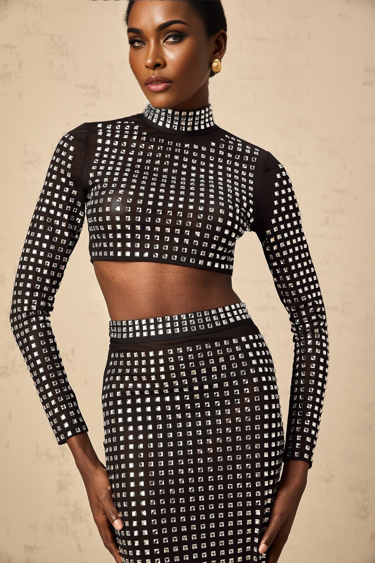 Gabrielle Skirt & Top Set - Stretch Mesh - Rhinestone Embellishment - Side Slit - Calf Length