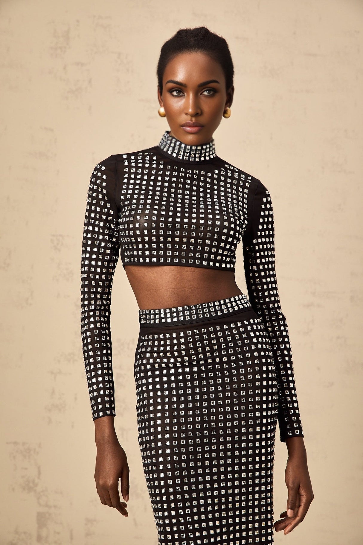 Gabrielle Skirt & Top Set - Stretch Mesh - Rhinestone Embellishment - Side Slit - Calf Length