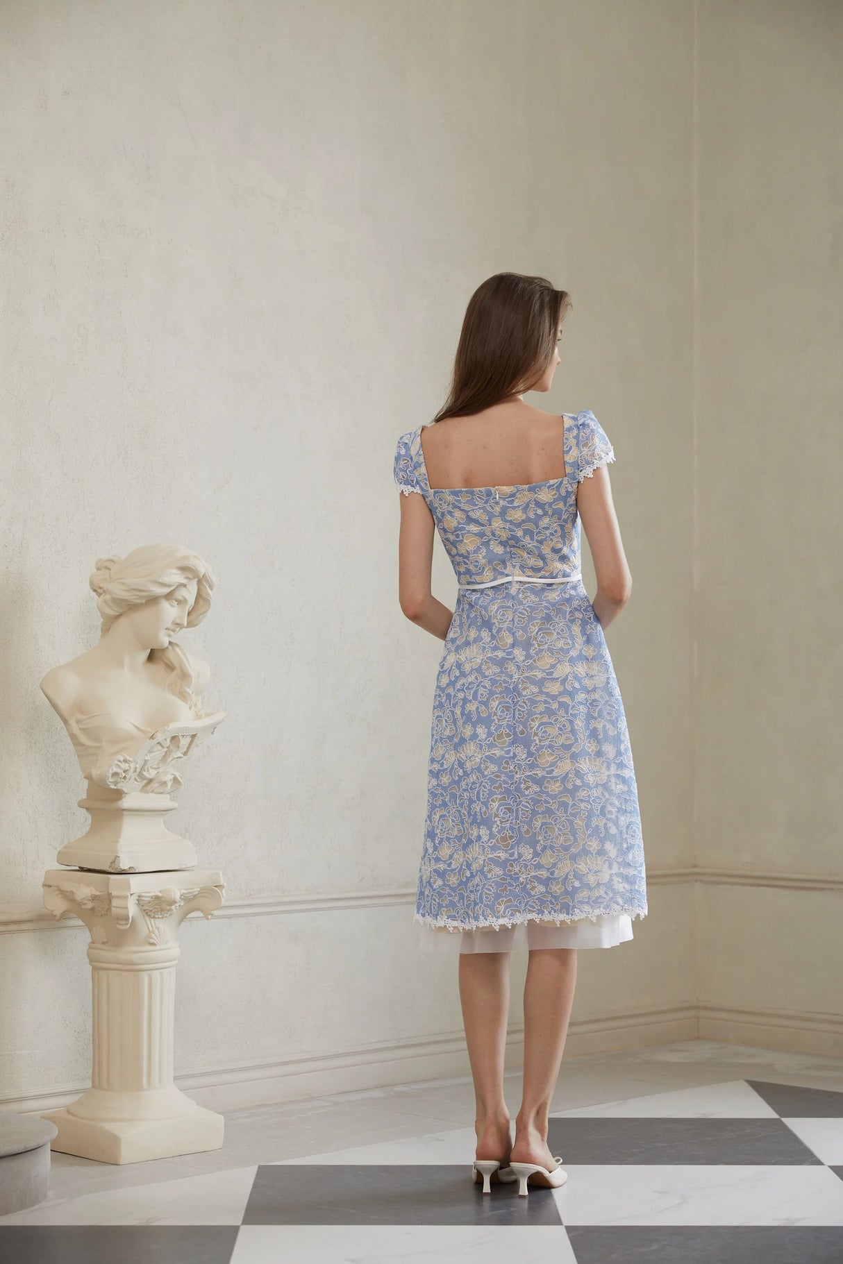 Gaëlle Blue Floral Embroidered Midi Dress