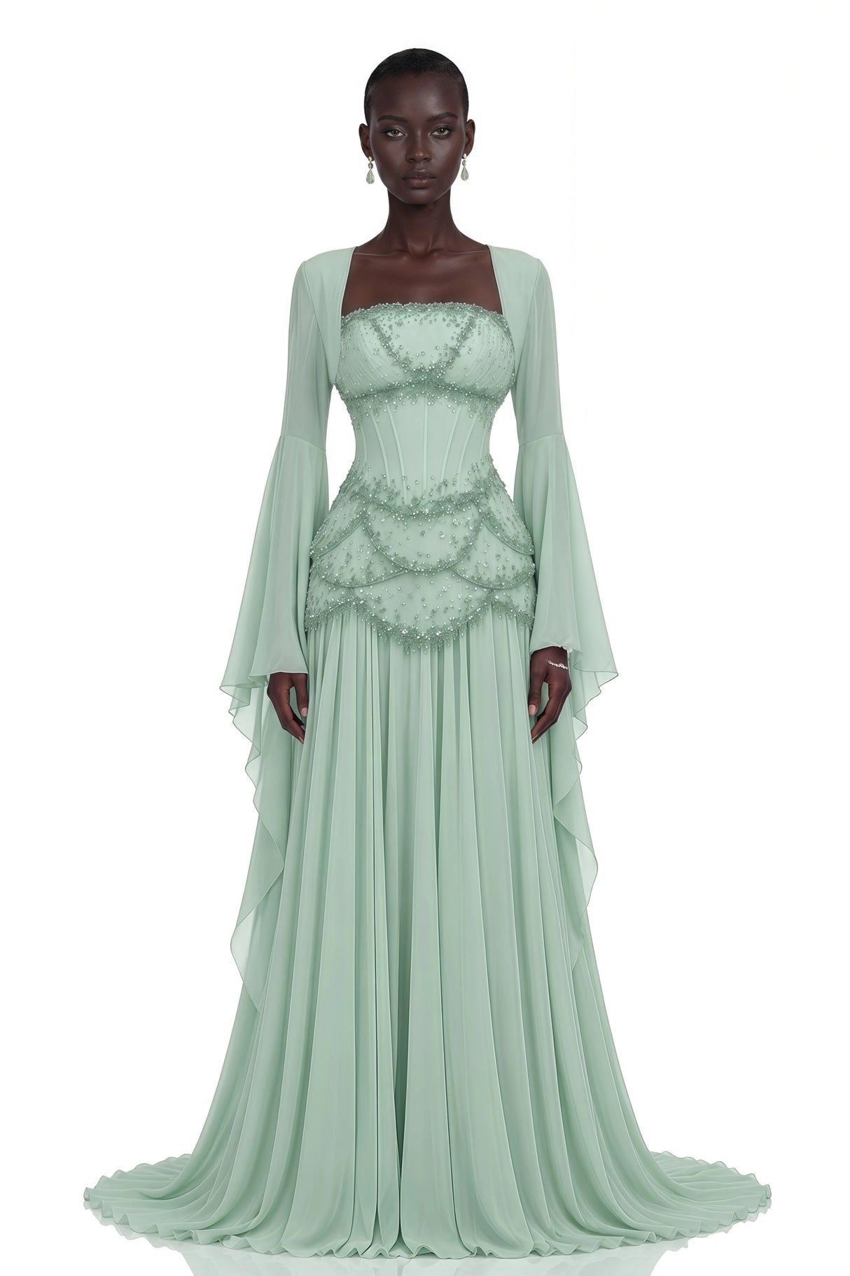 Gaëlle Green Fauxpearlembellished Pleated Maxi Dress