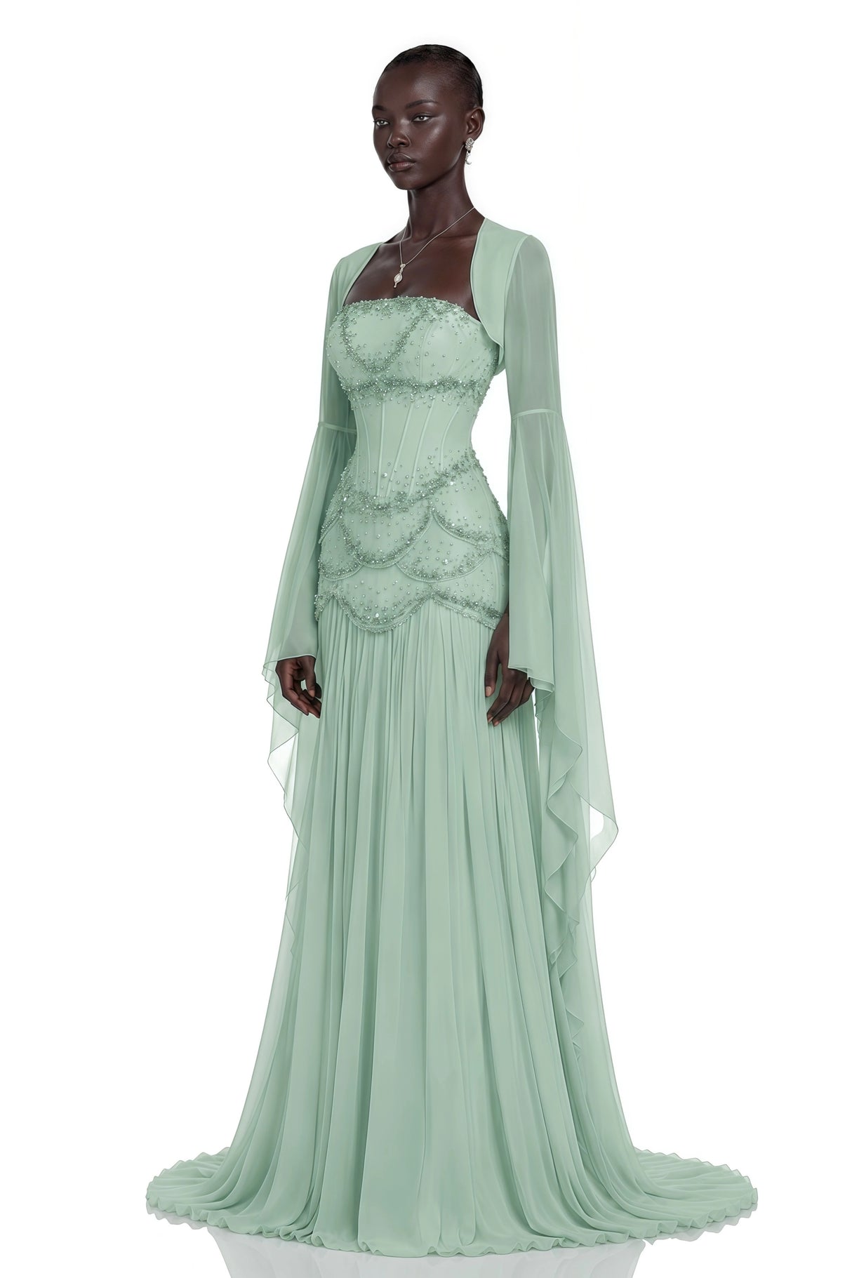 Gaëlle Green Fauxpearlembellished Pleated Maxi Dress